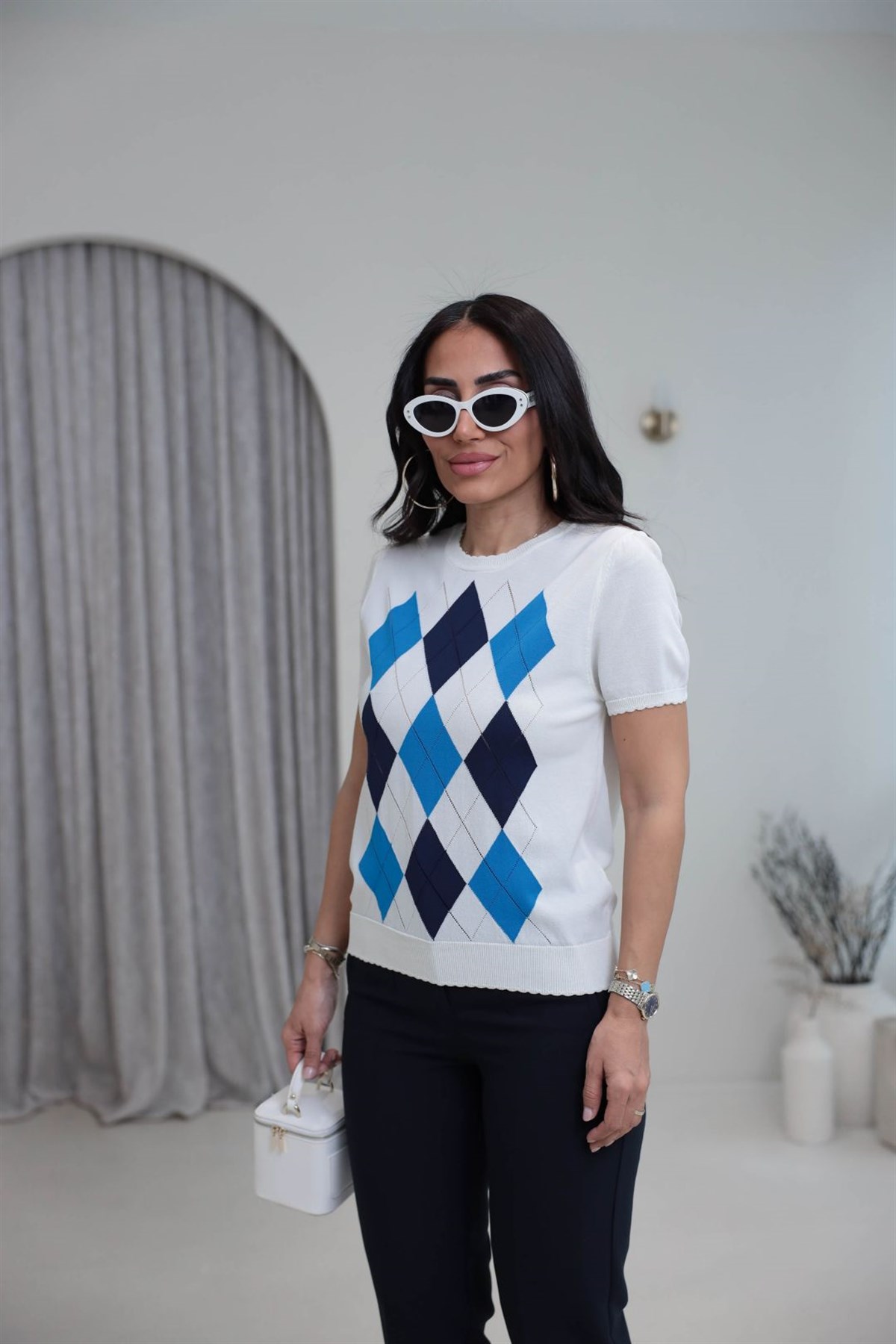 0617 Baklava Desenli Rayon Triko Bluz KREM