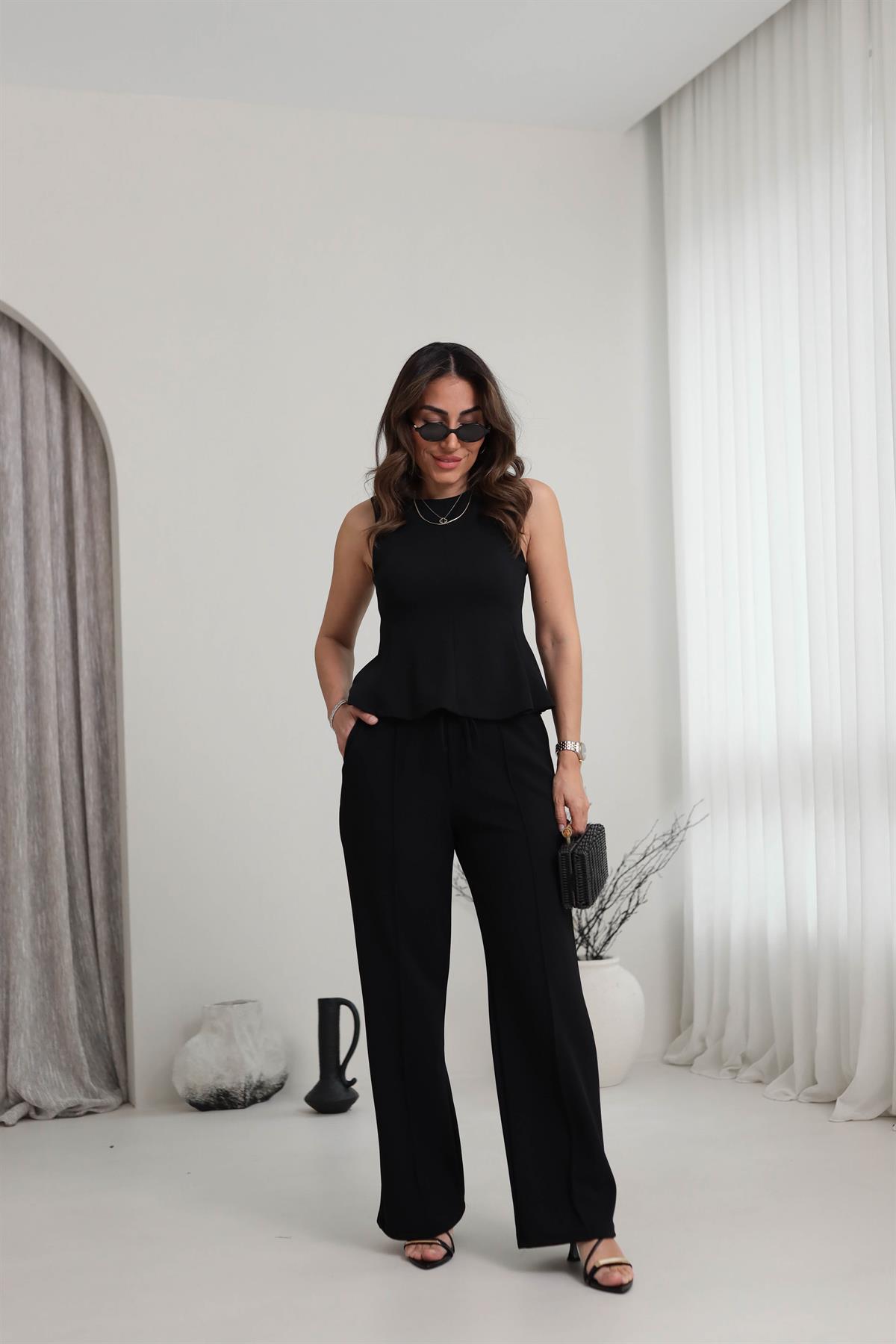 7169 Sıfır Kol Örme Bluz Pantolon Takım SİYAH