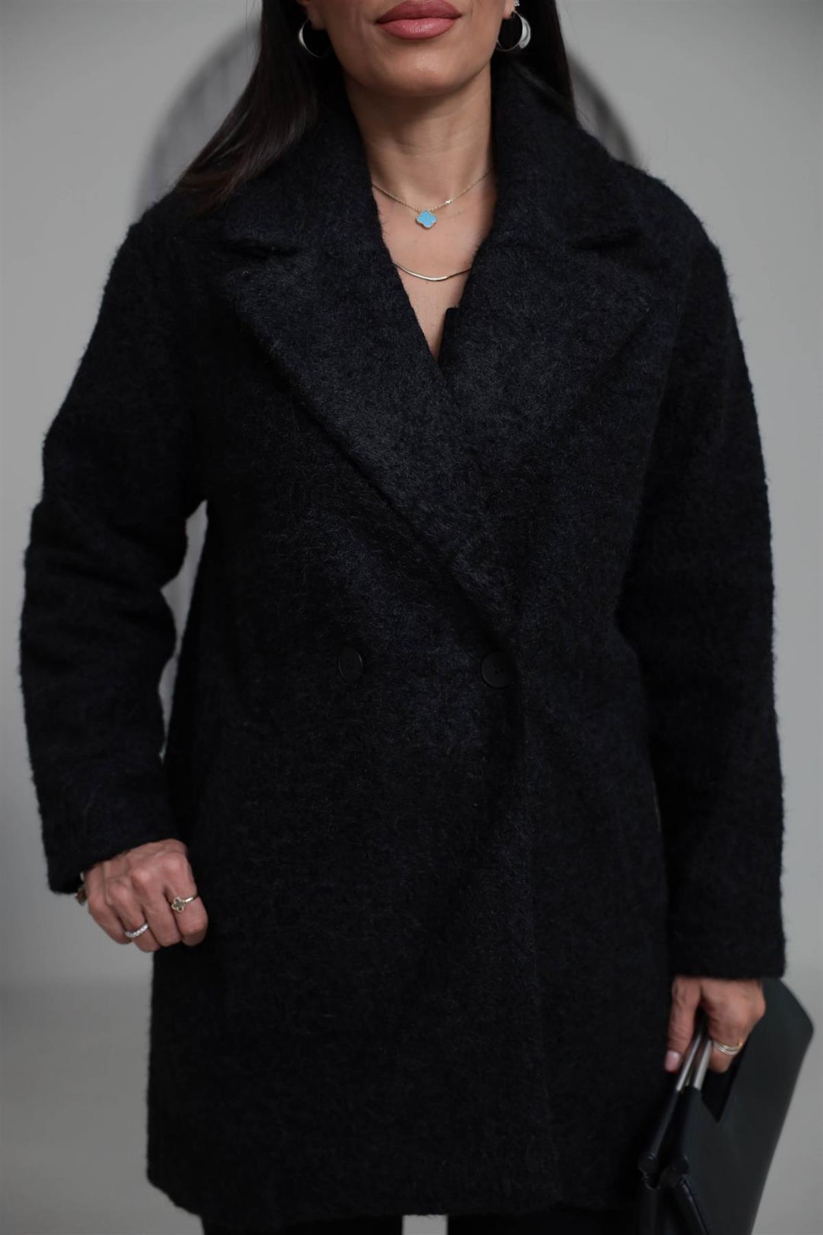 9699 Çift Düğmeli Buklet Kaban SİYAH