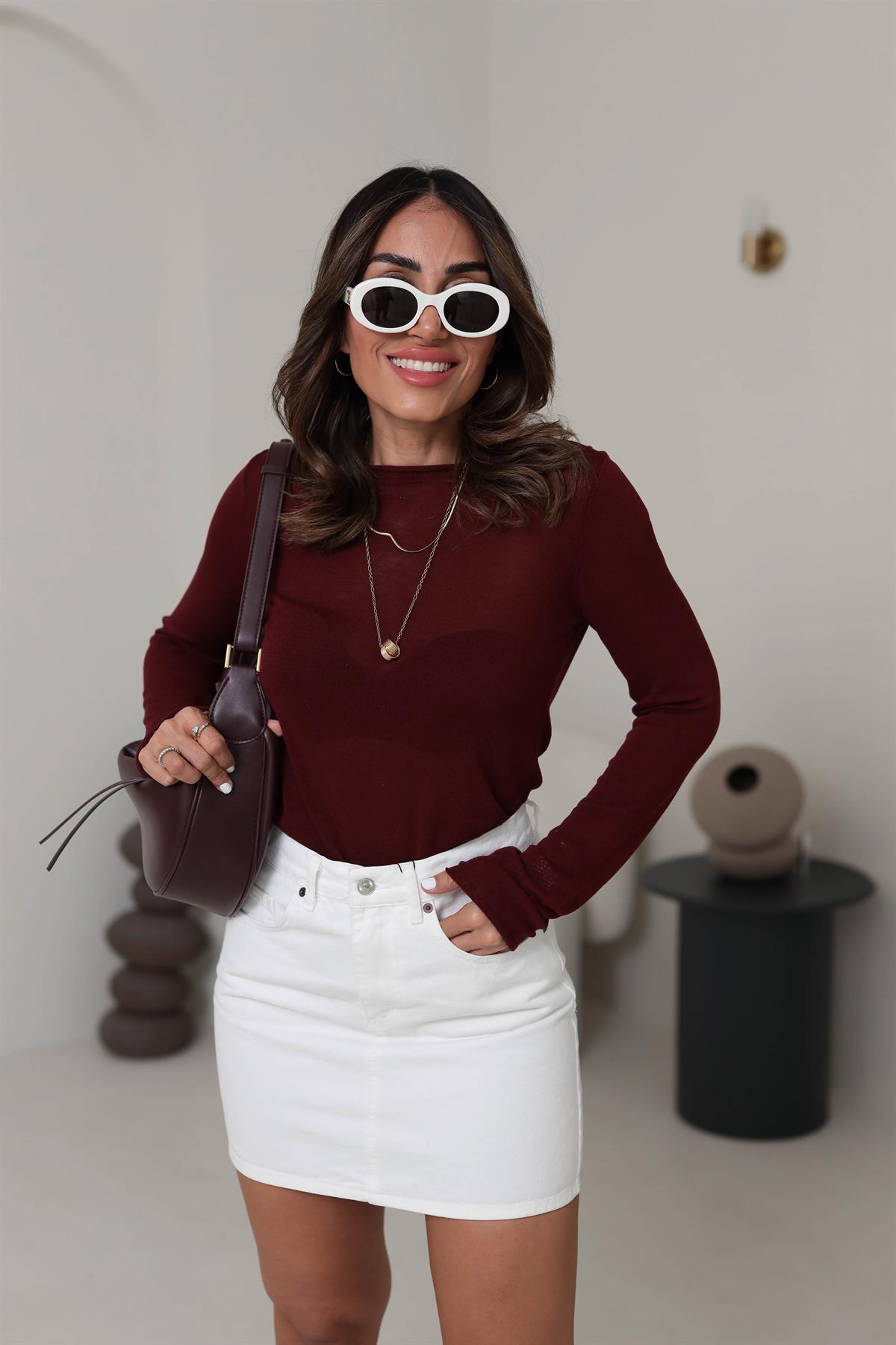 Havuz Yaka İnce Merserize Triko Bluz BORDO