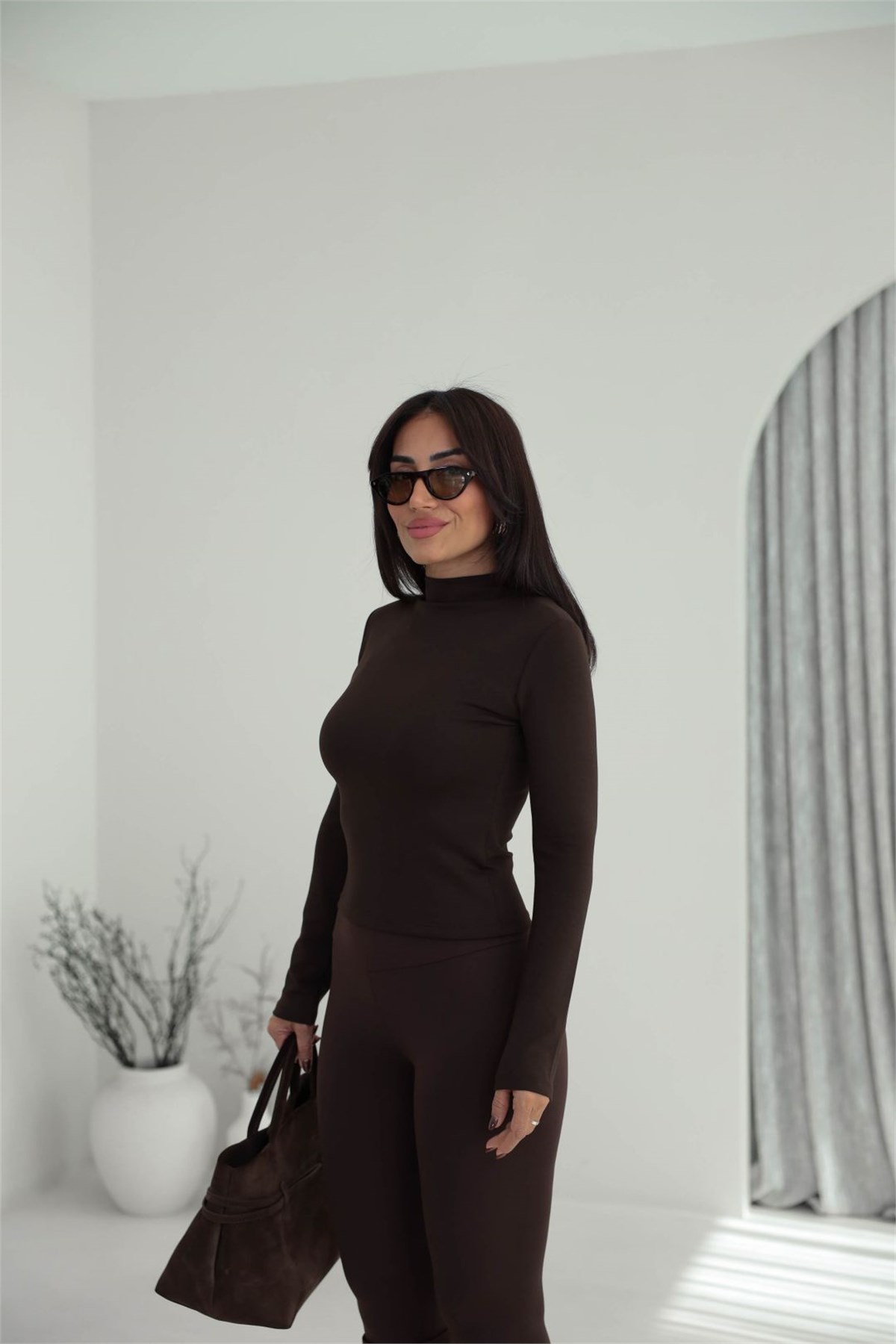 3244 Oys Model Balıkçı Yaka Modal Bluz KAHVE