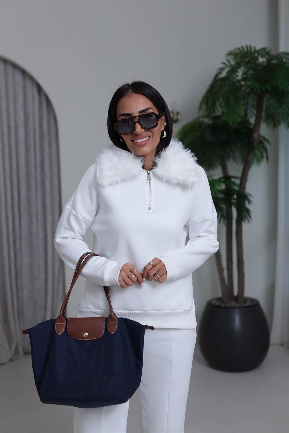 4066 Kürk Yakalı Şardonlu Takım BEYAZ