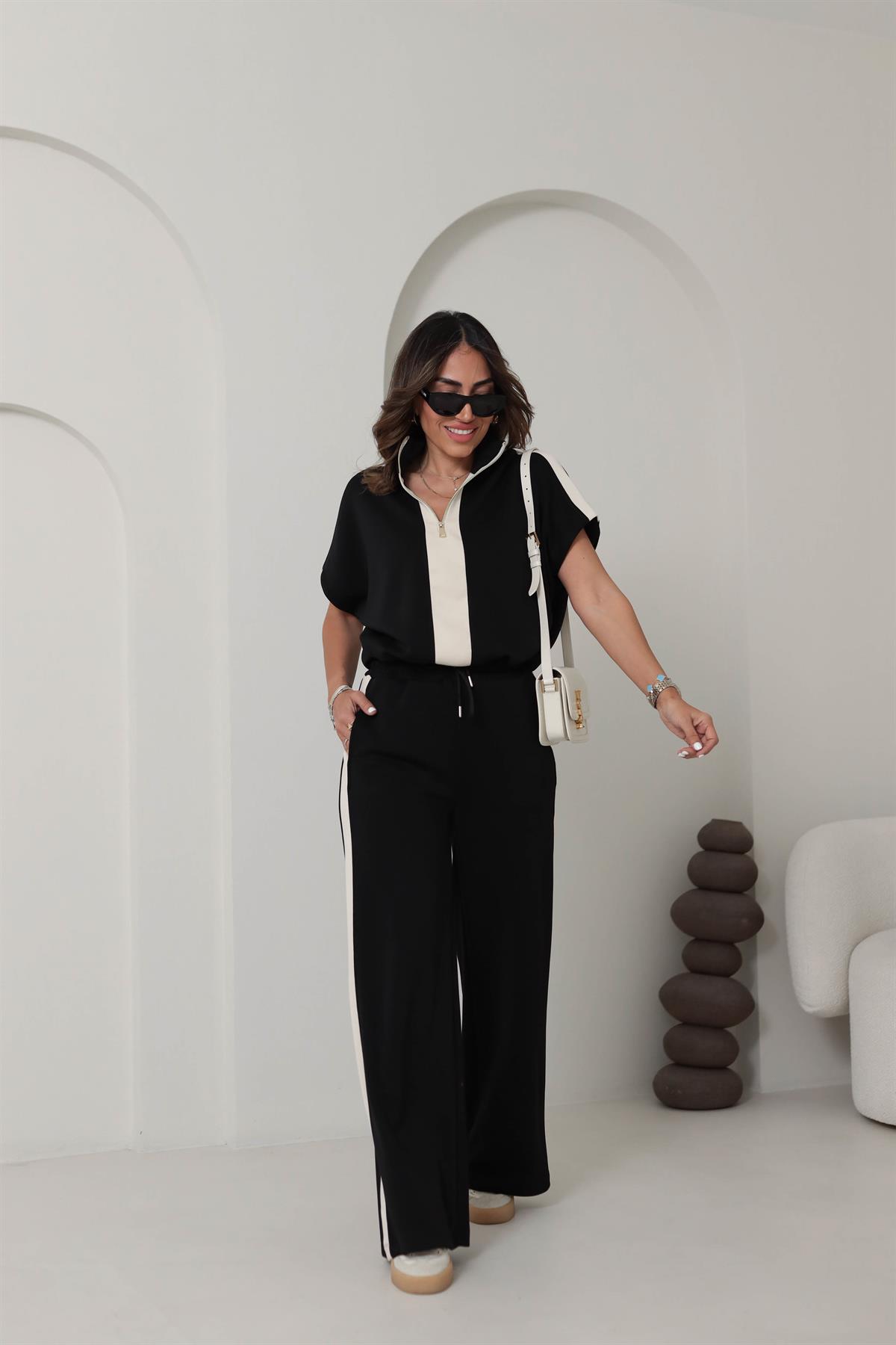 6290 Kısa Kol Renk Bloklu Modal Takım SİYAH-BEJ