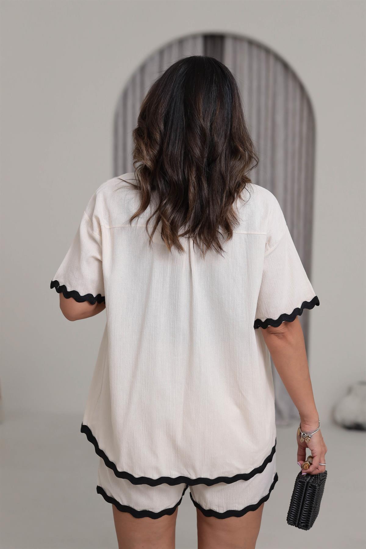 1182 Kontrast Dalga Nakışlı Keten Kimono Şort Takım NATURAL