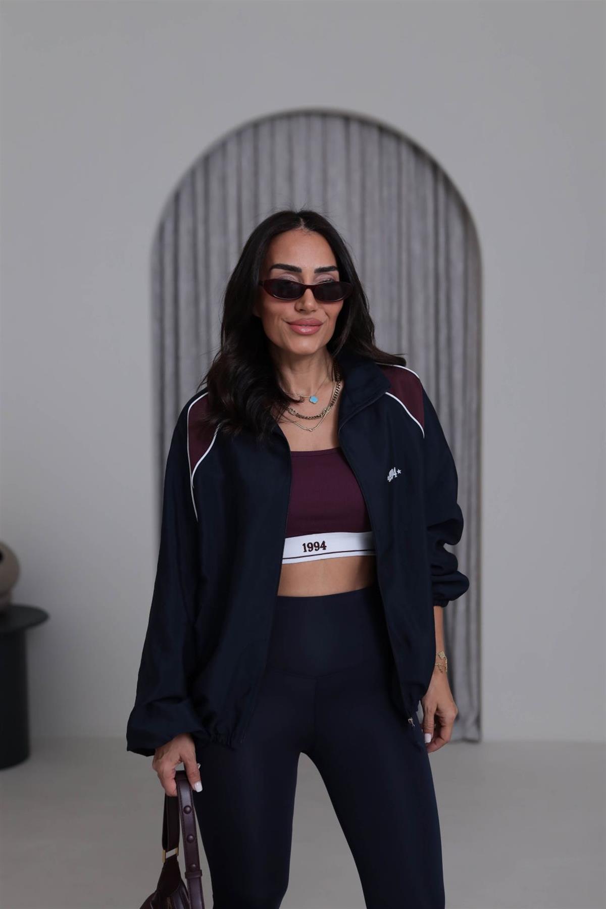 0769 Lastikli Yazı Detaylı  Paraşüt Kumaş Retro Ceket LACİVERT