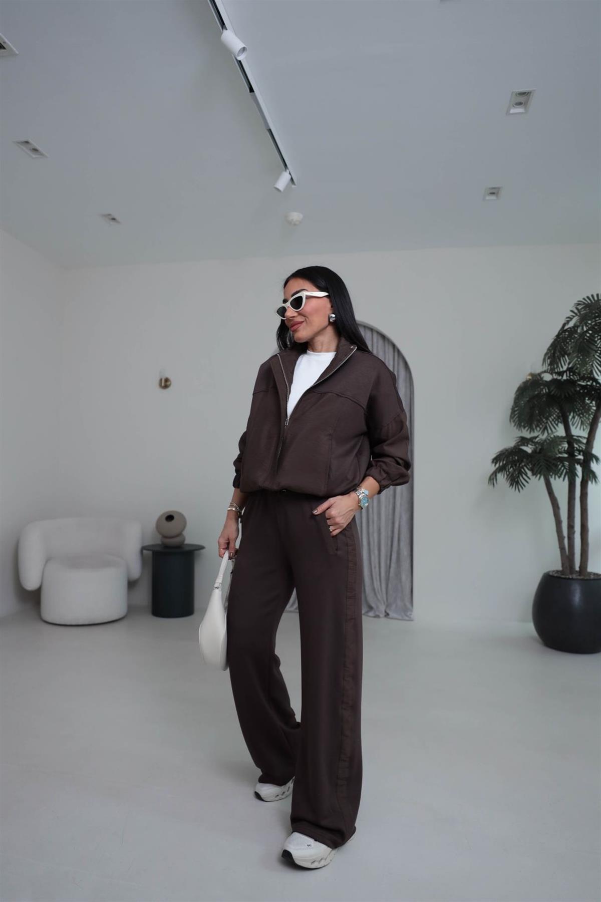 3601 Fermuarlı Büzgülü Paraşüt Garnili Takım KAHVE