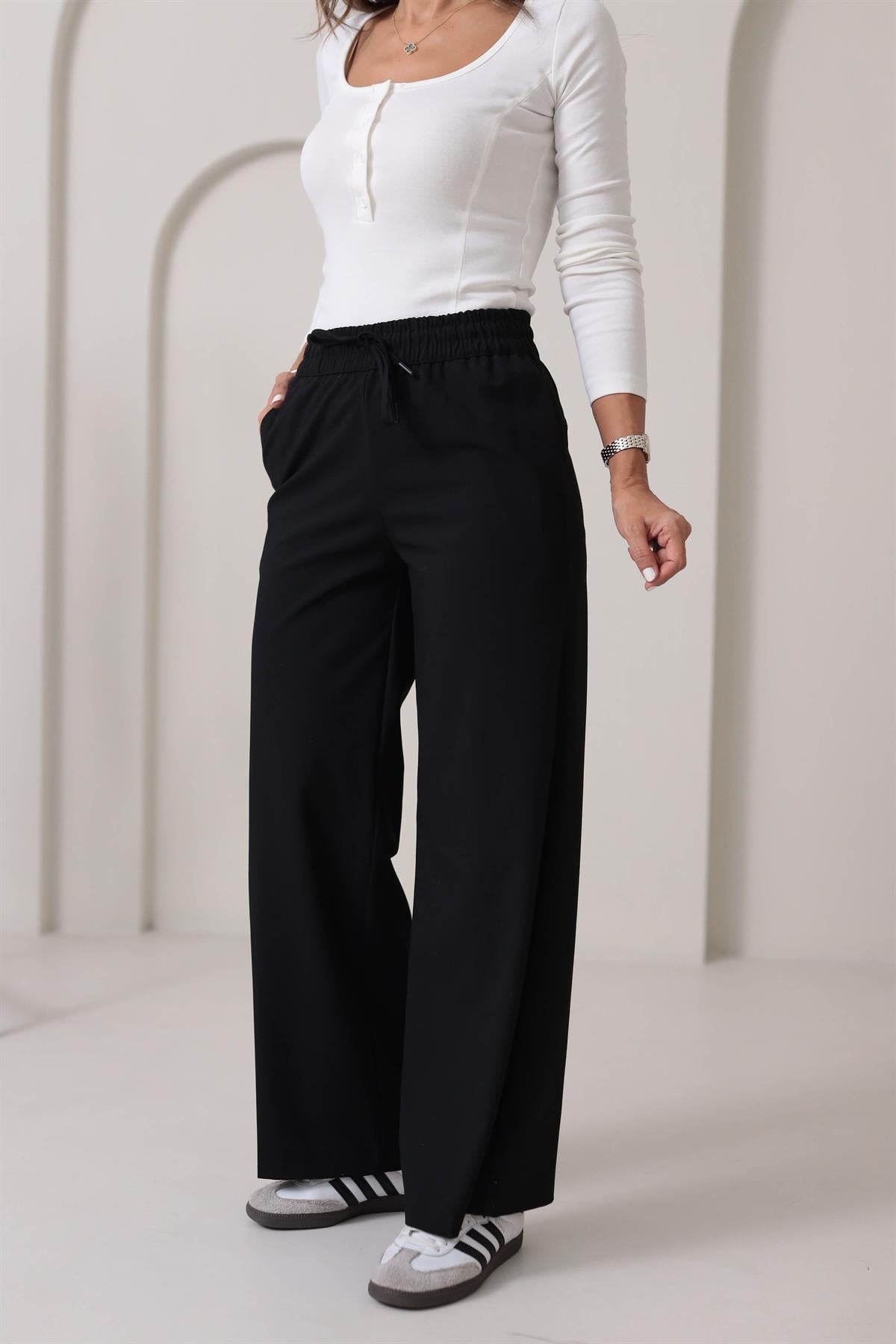 1556 Bel Bağcık ve Lastikli Bol Paça Pantolon SİYAH