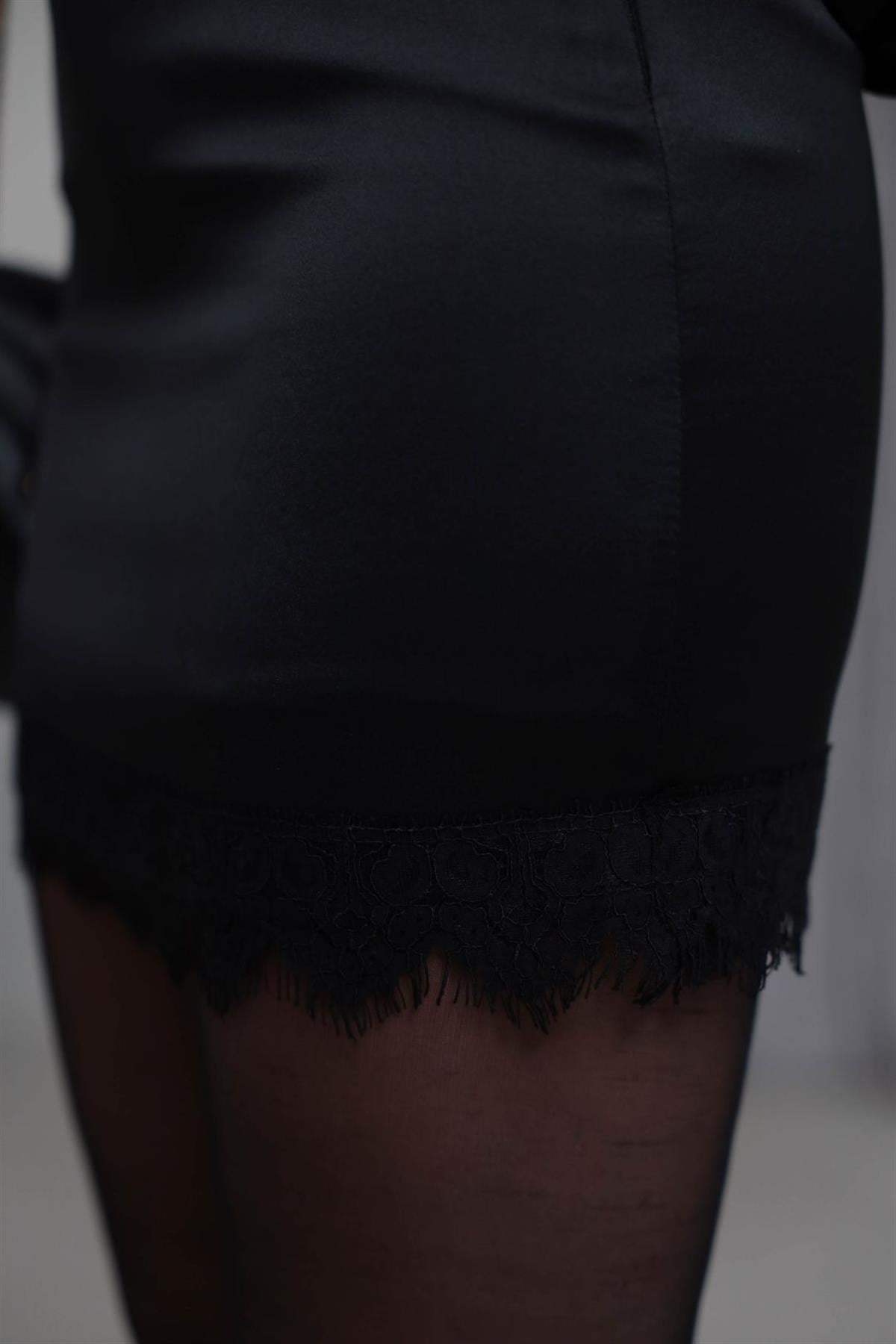 7331 Mini Dantelli Saten Etek SİYAH