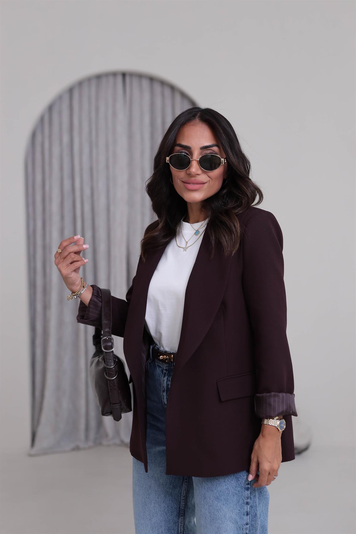 7560 Kol Katlamalı Cep Detaylı Astarlı Ceket MÜRDÜM