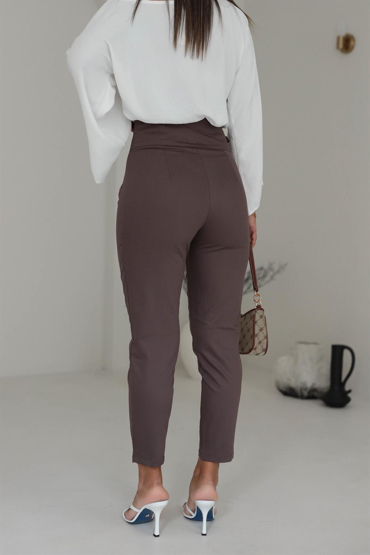 Çift Kemerli Yüksek Bel Pantolon