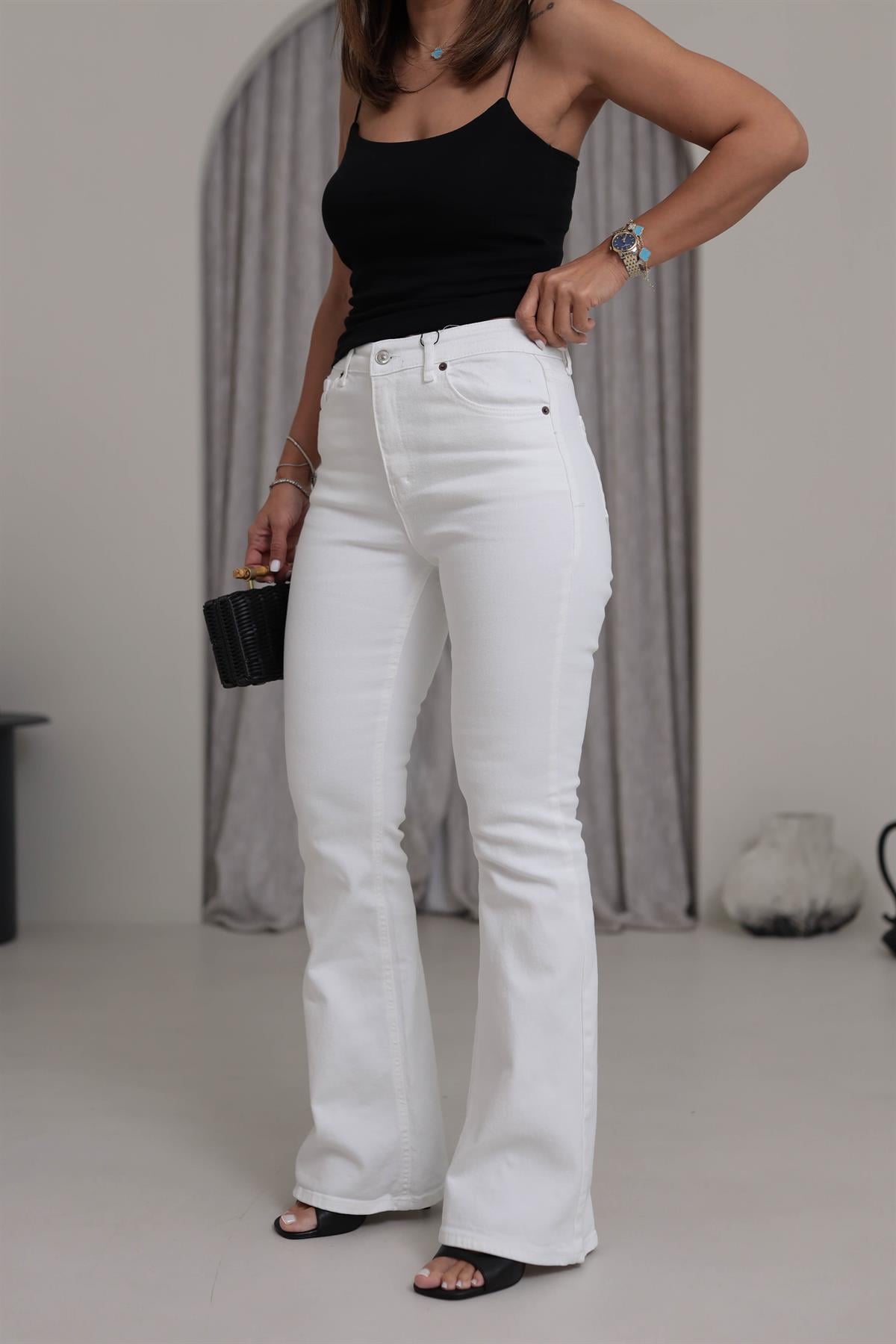 1826 İspanyol Paça Yüksek Bel Kot Pantolon BEYAZ