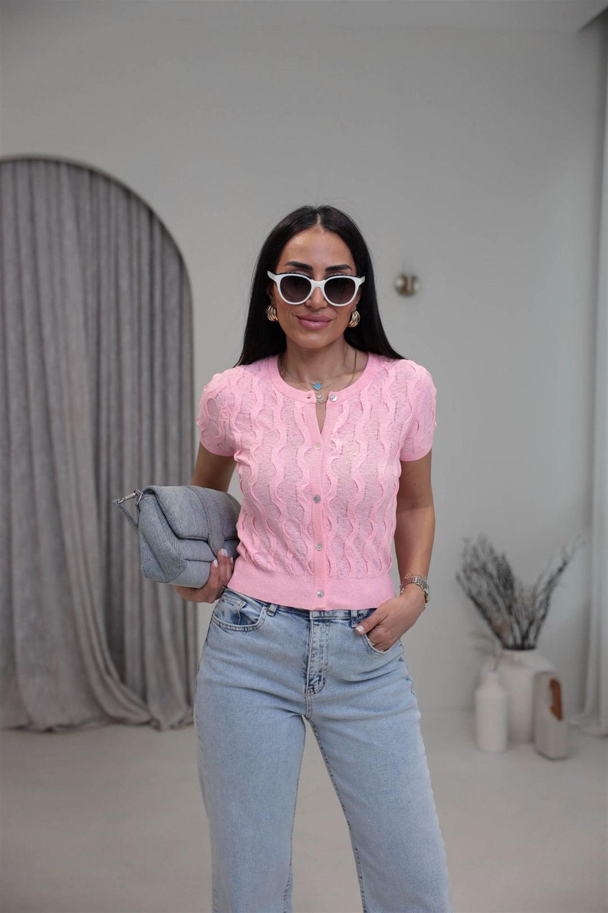 0980 Bisiklet Yaka Dokulu Düğmeli Triko PEMBE