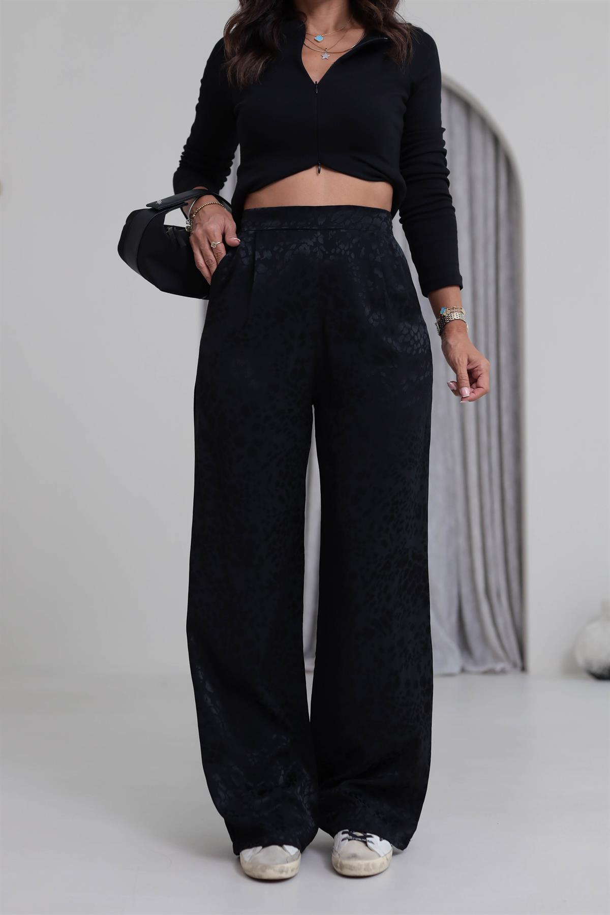 0338 Leopar Desen Saten Pantolon SİYAH