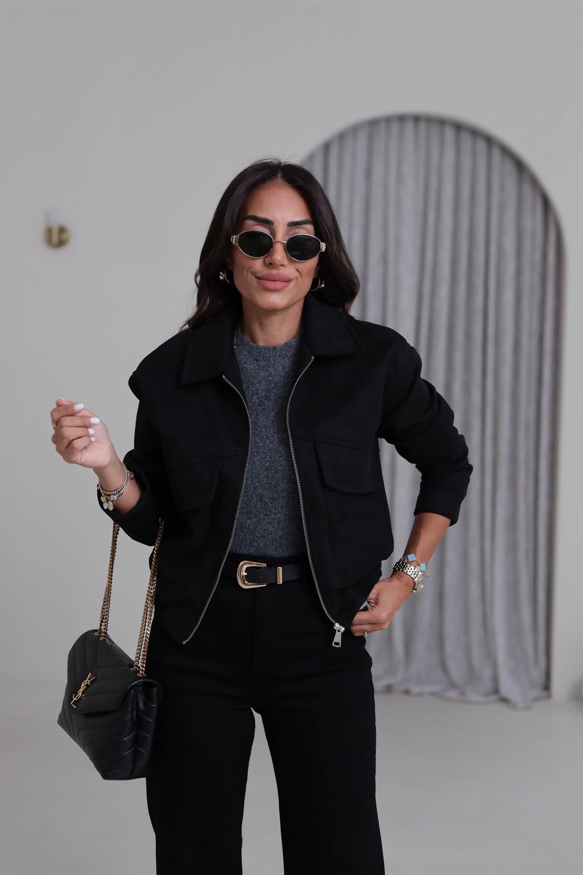 9730 Cep Detaylı Bel Lastikli Süet Bomber SİYAH