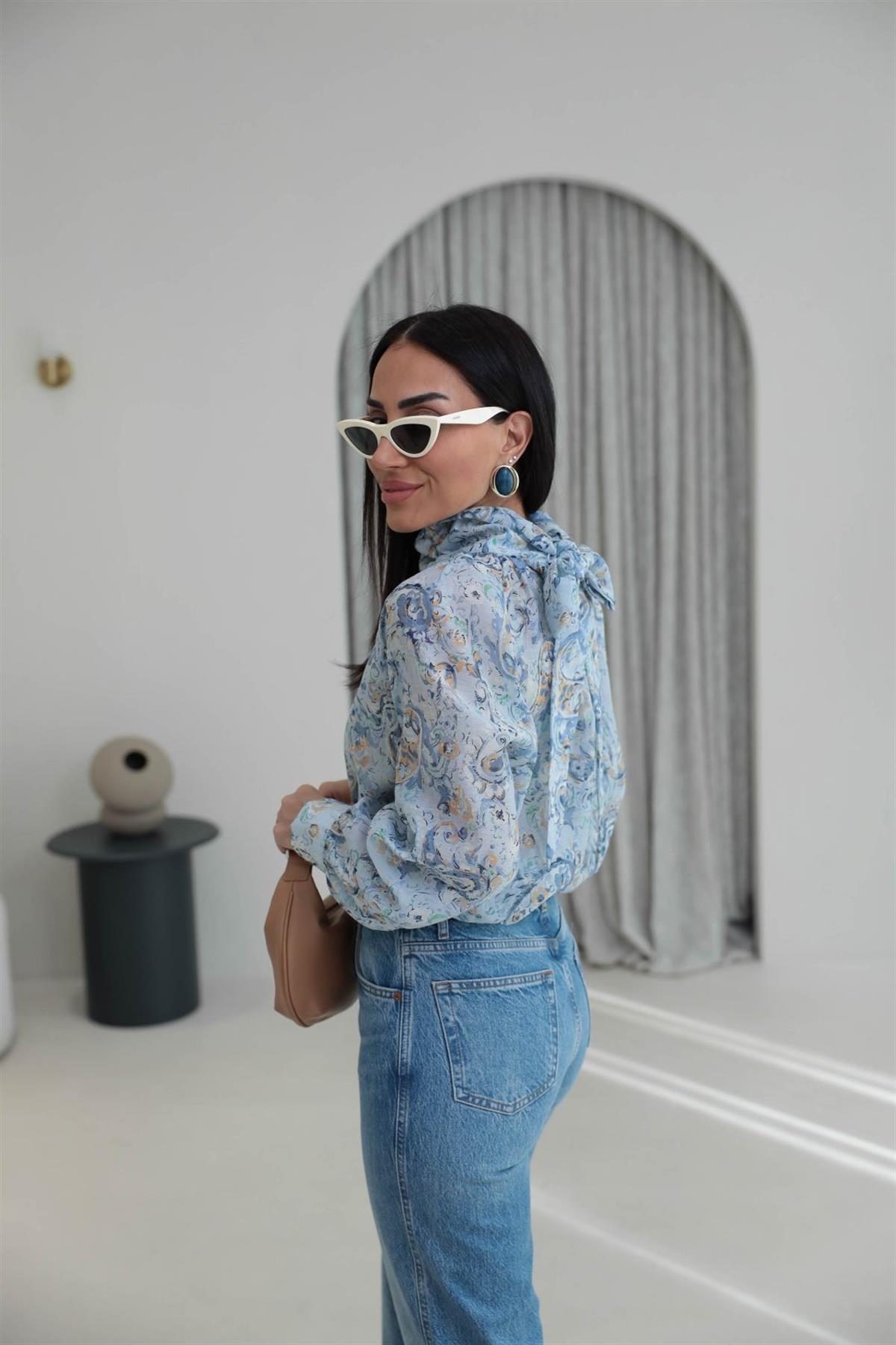 8169 Desenli Şal Yaka Gömlek MAVİ