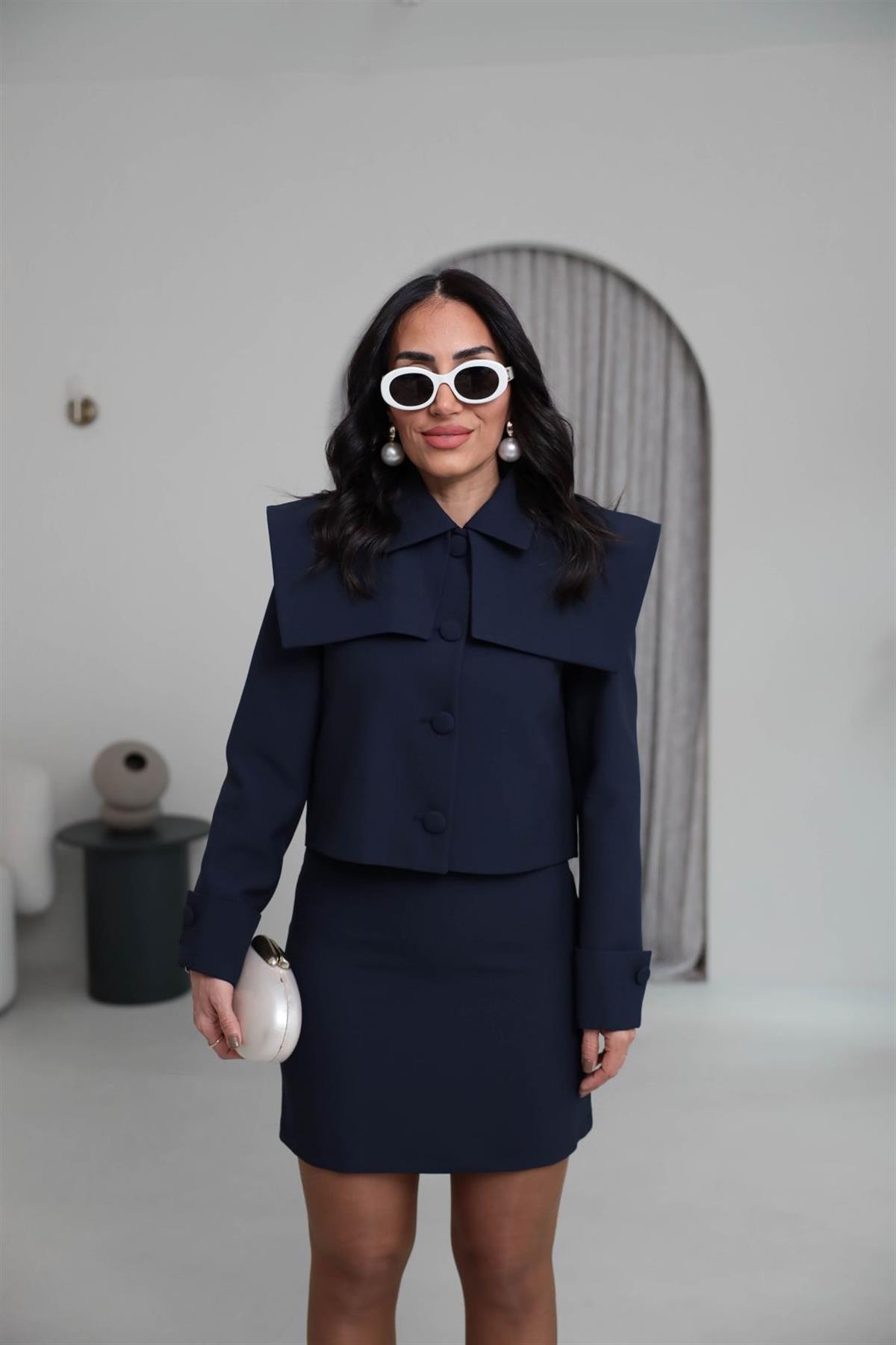 8945 Yaka Detay Ceketli Etekli Takım LACİVERT