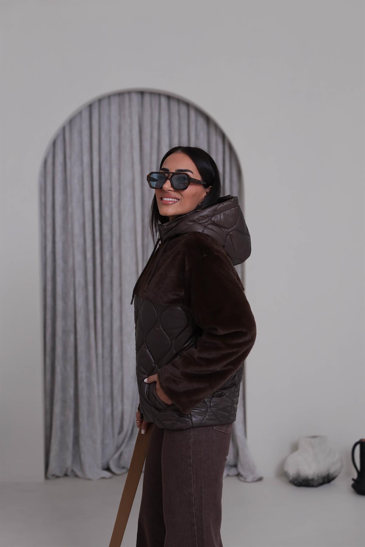 M09 Kürk Garnili Kapşonlu Kapitone Mont KAHVE