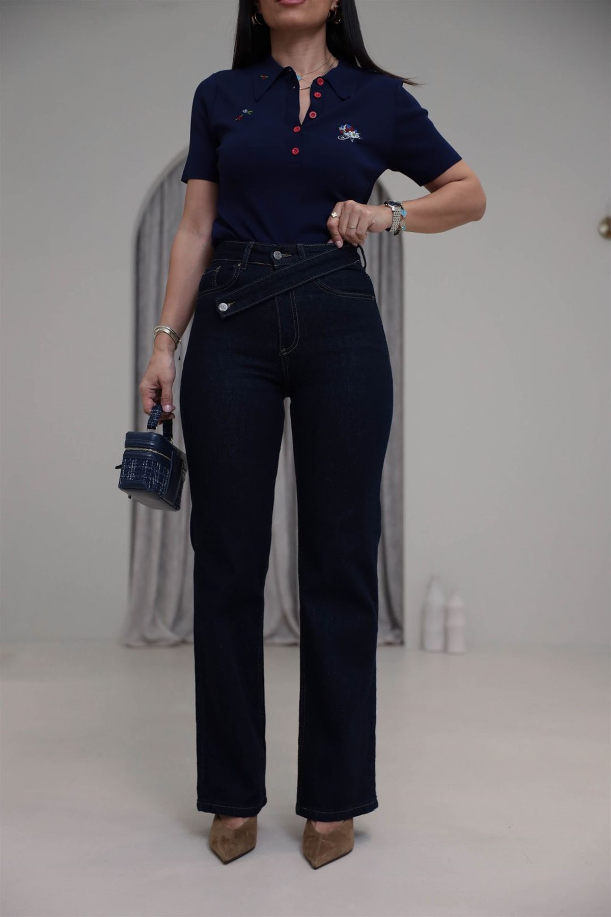 1035 Asimetrik Kemerli Denim Pantolon LACİVERT