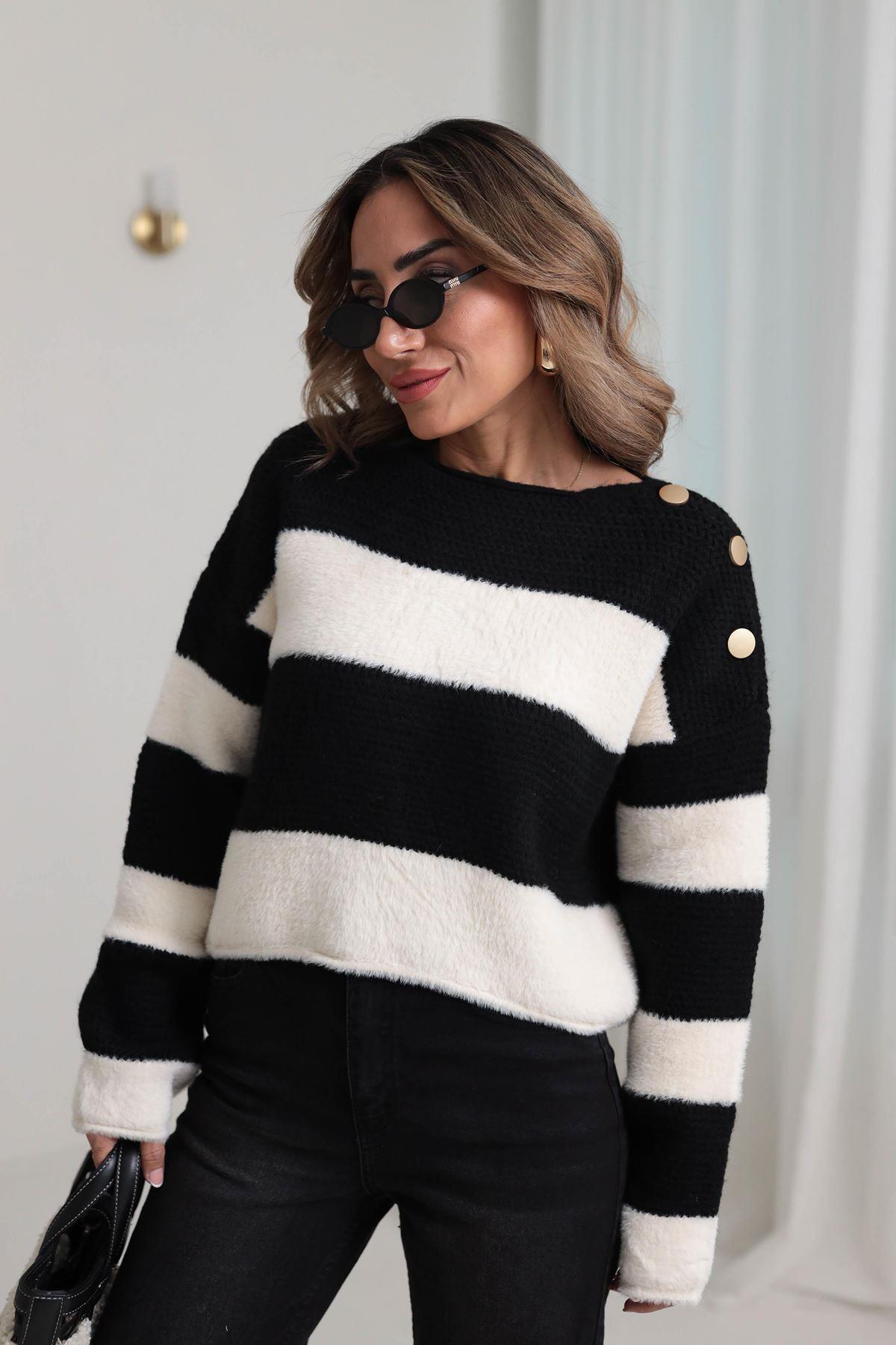 7589 Ters Örgülü Gold Düğme Detaylı Triko SİYAH