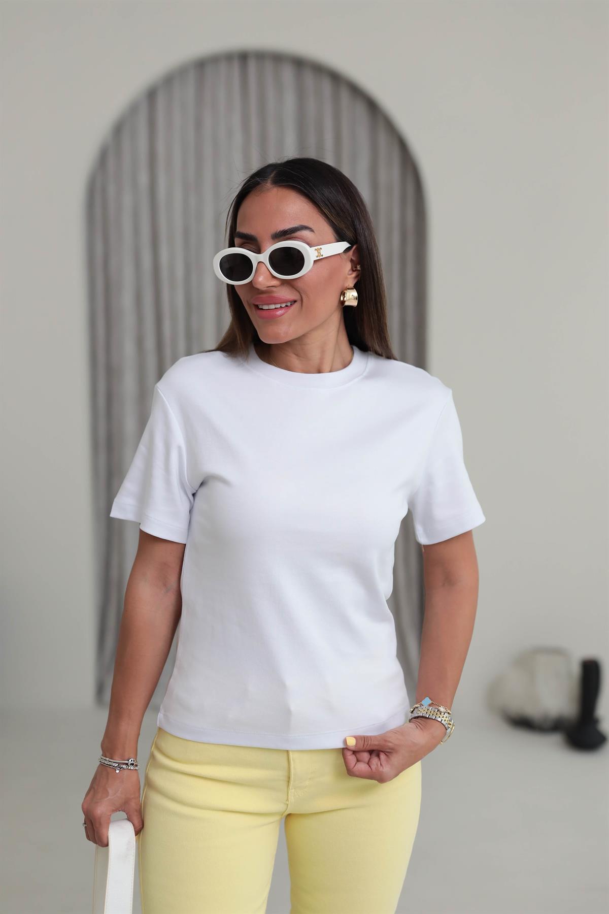 1075 Bisiklet Yaka Pamuklu Basic Tshirt BEYAZ