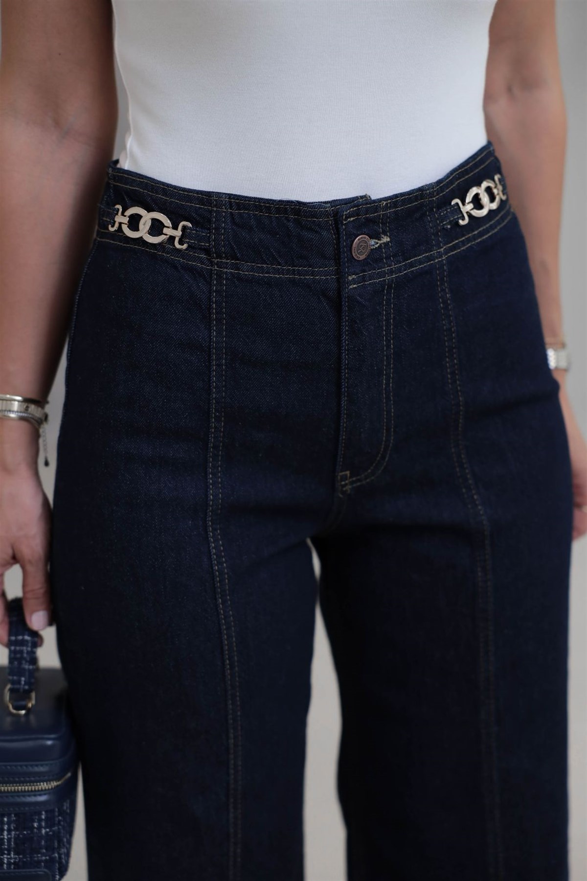 1046 Beli Aksesuar Detaylı Palazzo Jean LACİVERT