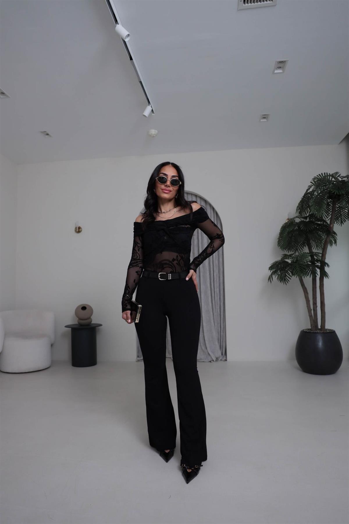 1741 Kemerli Likralı Kumaş Pantolon SİYAH