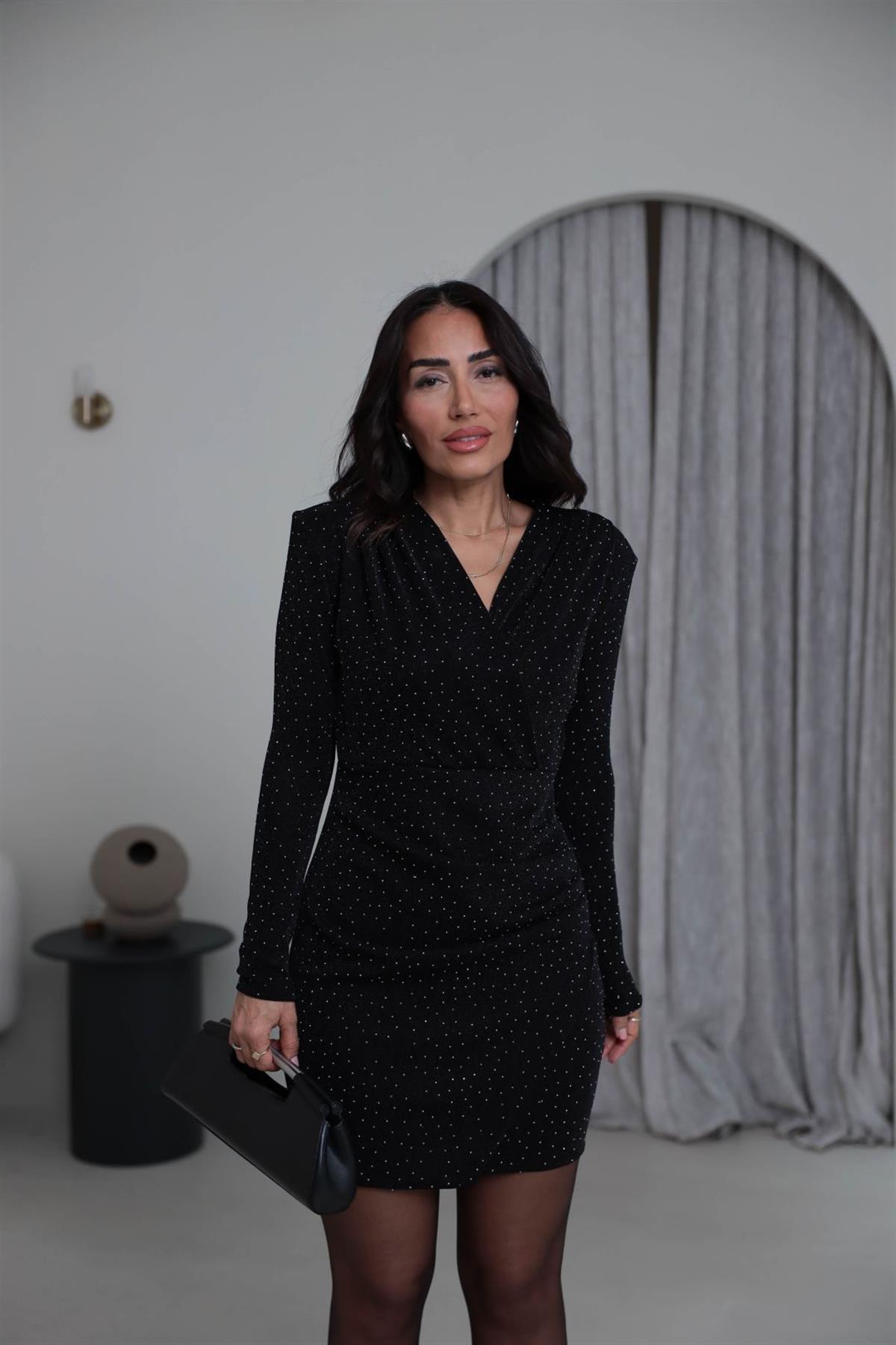 3835 Taşlı Drapeli Elbise SİYAH