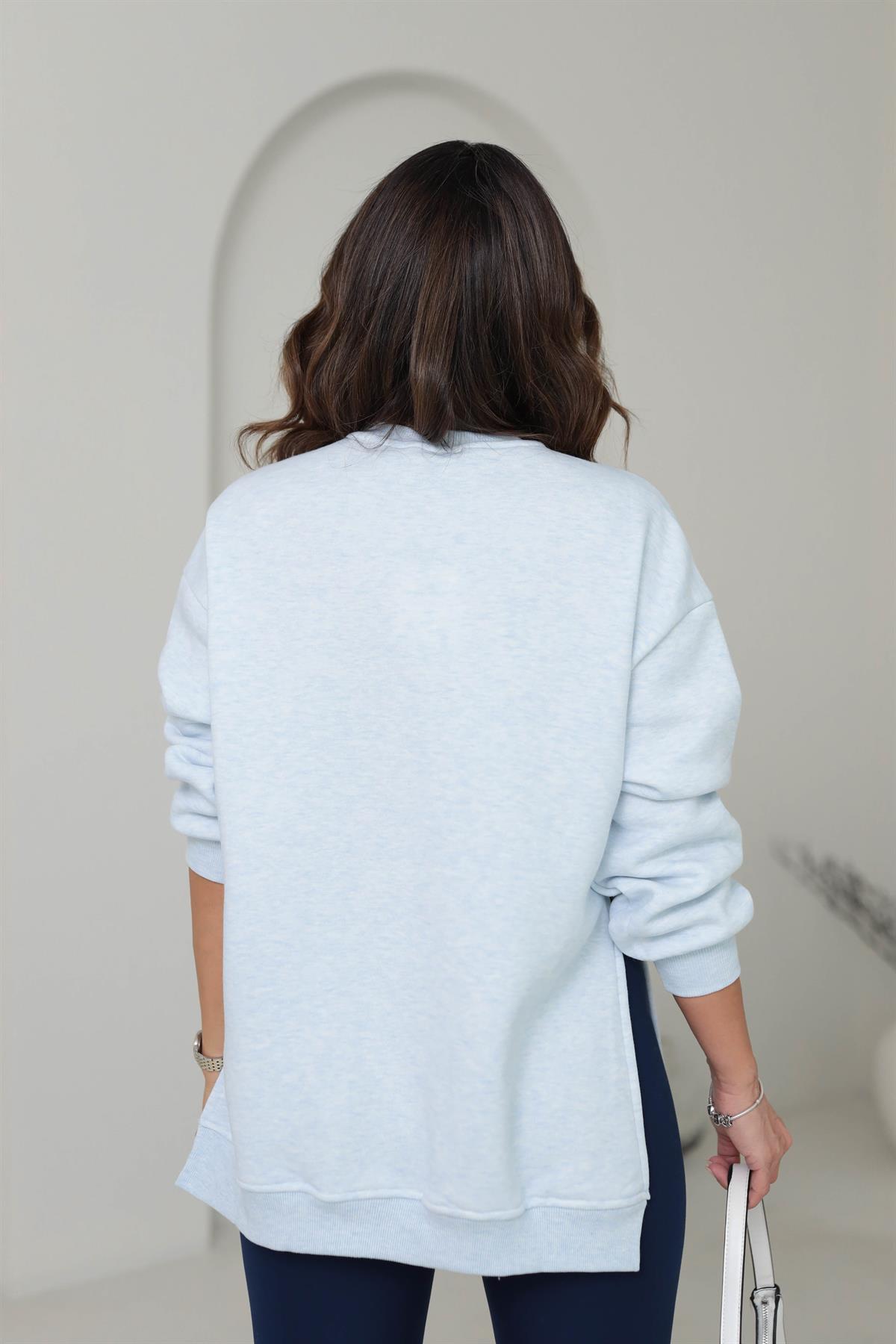 1000 Yanları Yırtmaç Detaylı Sweatshirt BEBE MAVİ