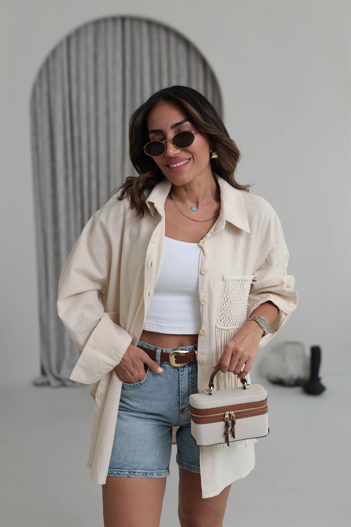 4763 Püskül Dokuma Detay Keten Gömlek TAŞ