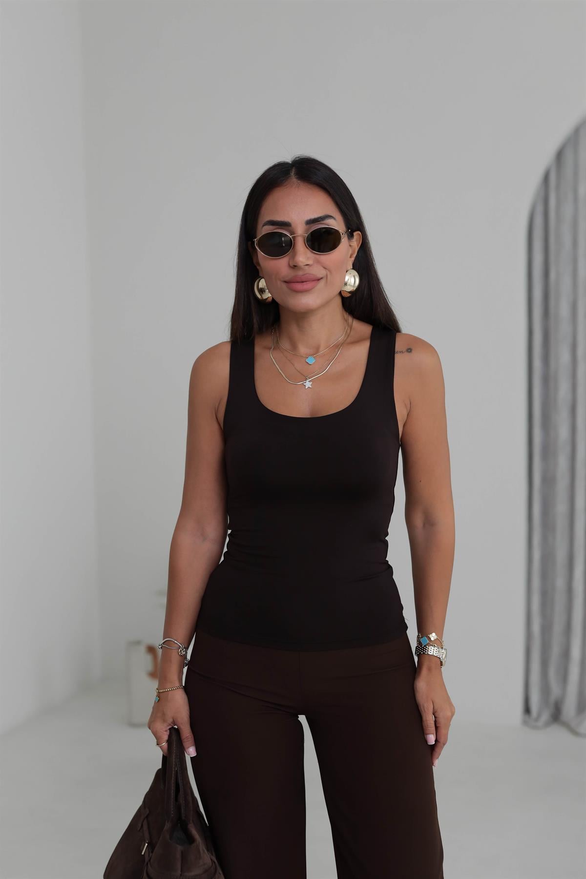 015 Kalın Askılı Çift Kat Poliamid Atlet ACI KAHVE