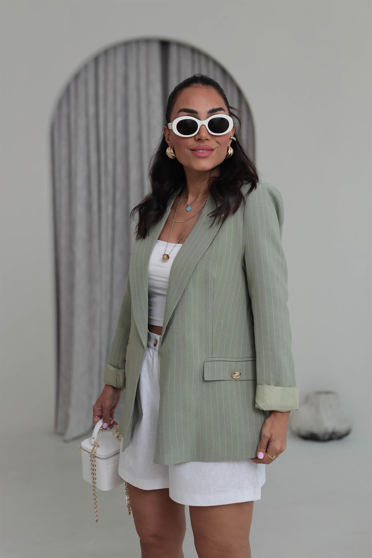 9296 Çizgili Gold Düğmeli Keten Ceket HAKİ YEŞİL