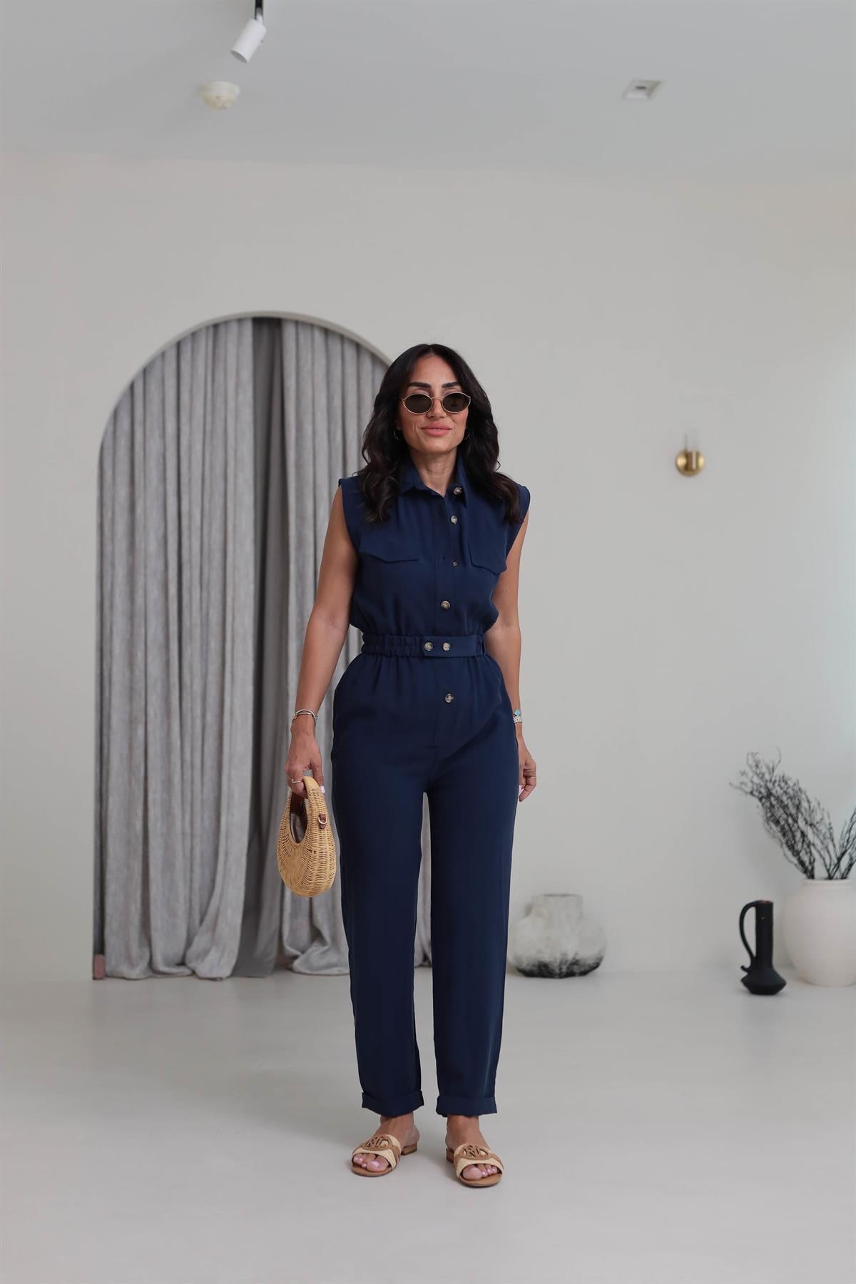 0107 Polo Yaka Kemerli Tencel Tulum LACİVERT