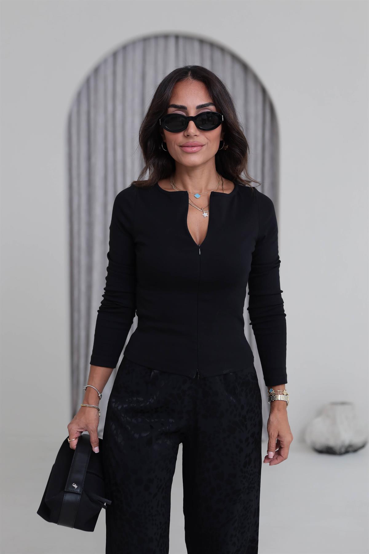 1993 Fermuar Detaylı Uzun Kollu Bluz SİYAH