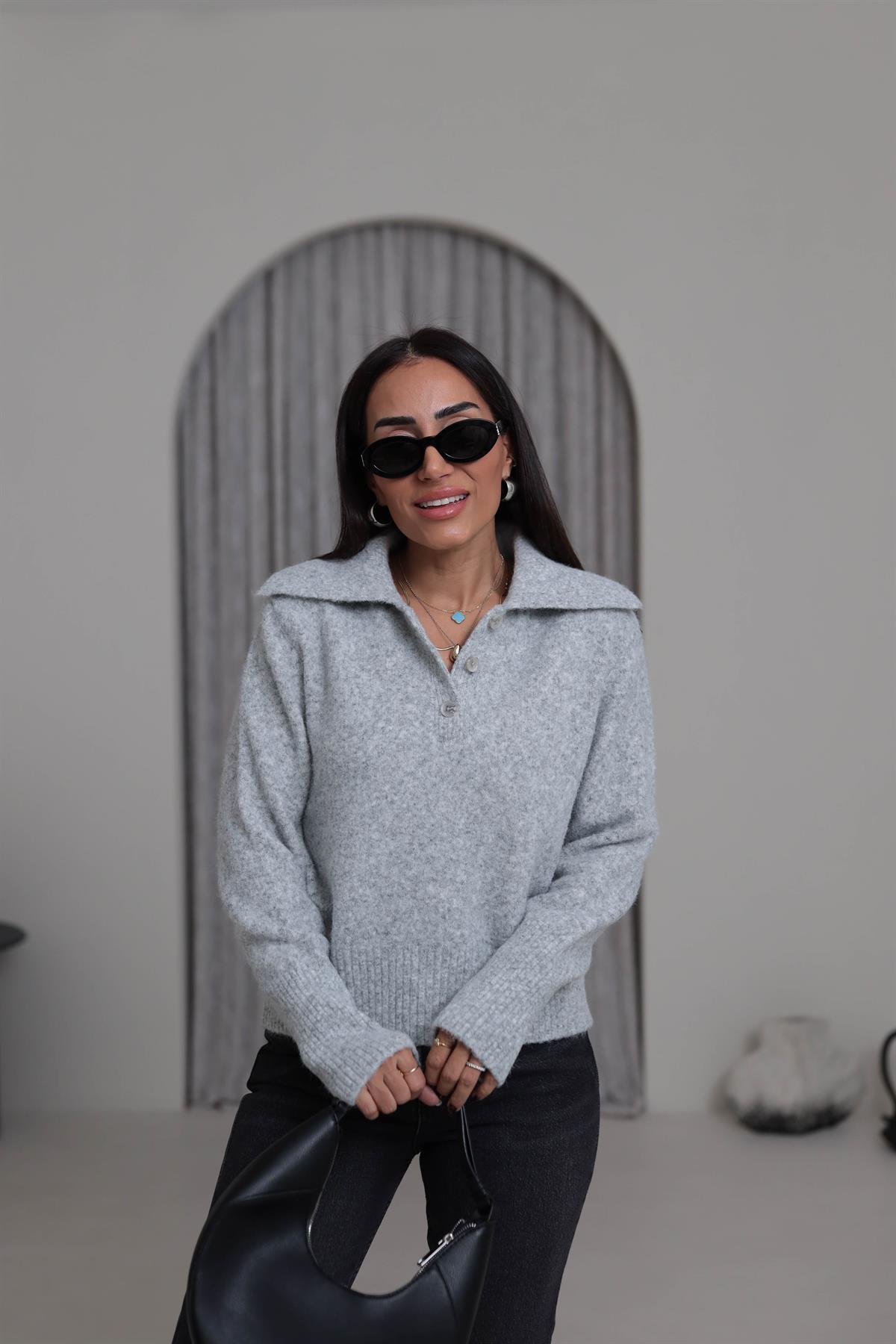 5069 Gömlek Yaka Yarım Düğmeli Kazak GRİ