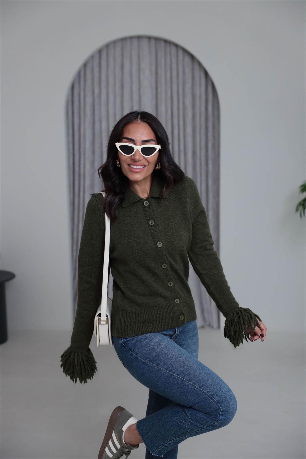 0162 Kolu Püsküllü Polo Yaka Hırka YEŞİL