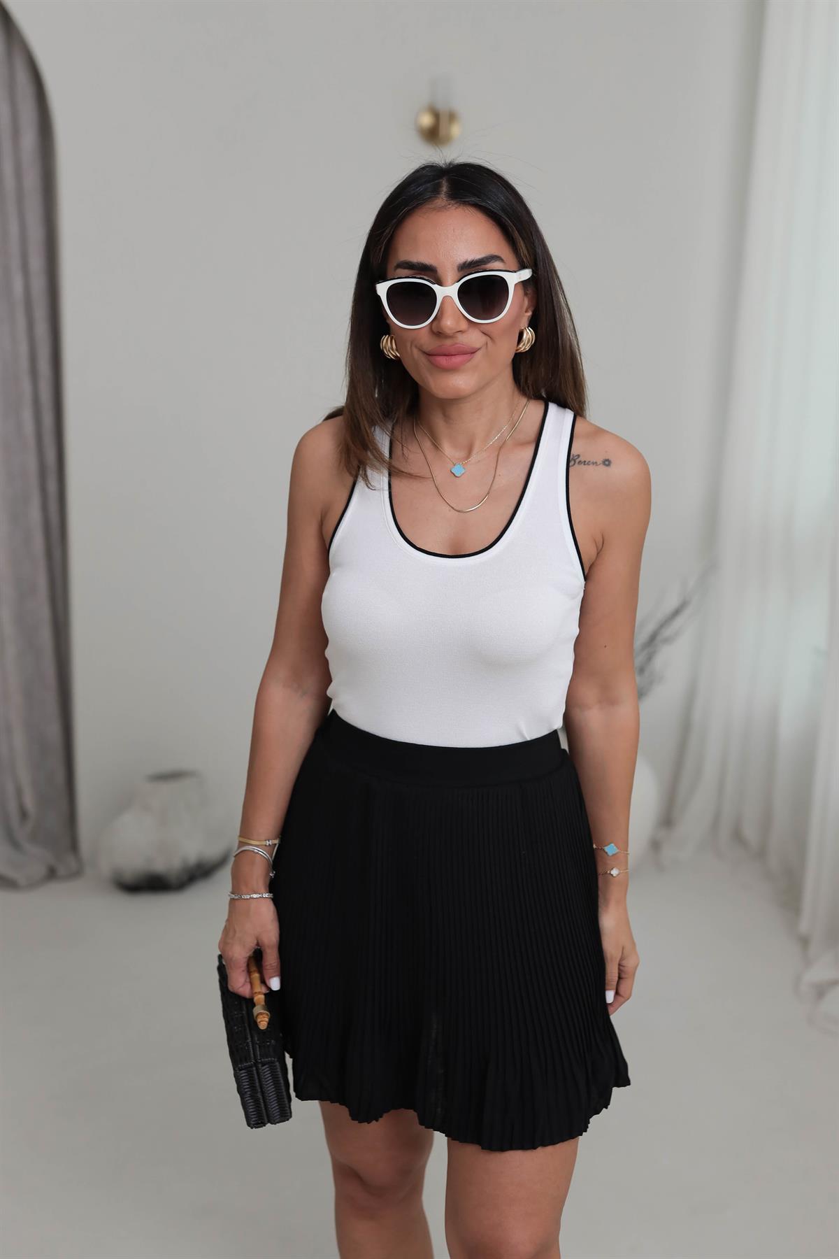 0769 Askılı Kontrast İnce Triko Bluz BEYAZ