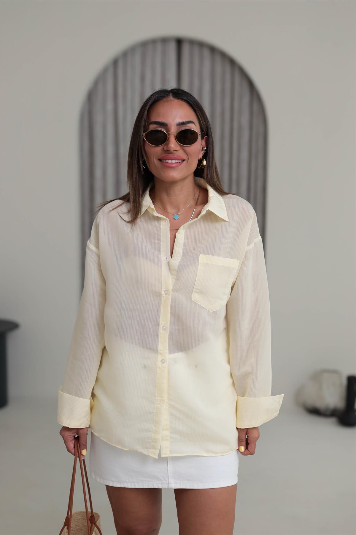 Çizgili İnce Gömlek SARI