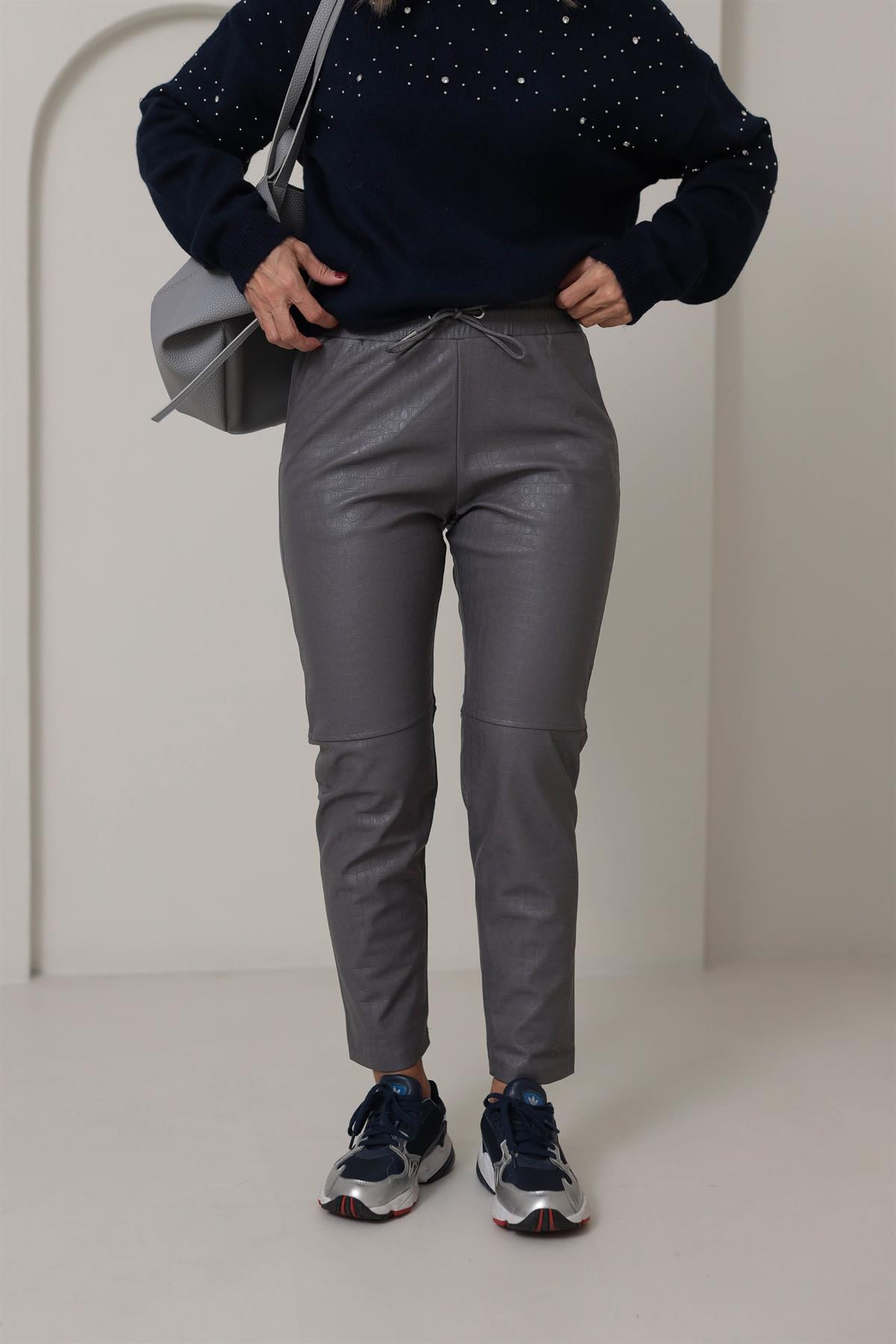 3410 Krokodil Parçalı Deri Pantolon