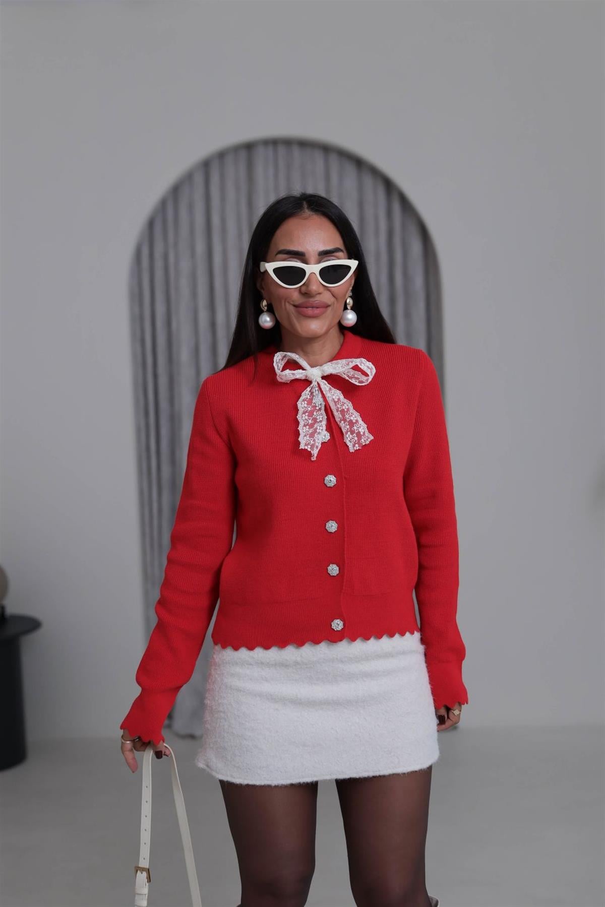 1088 Dantel Fularlı Triko Hırka NAR ÇİÇEĞİ