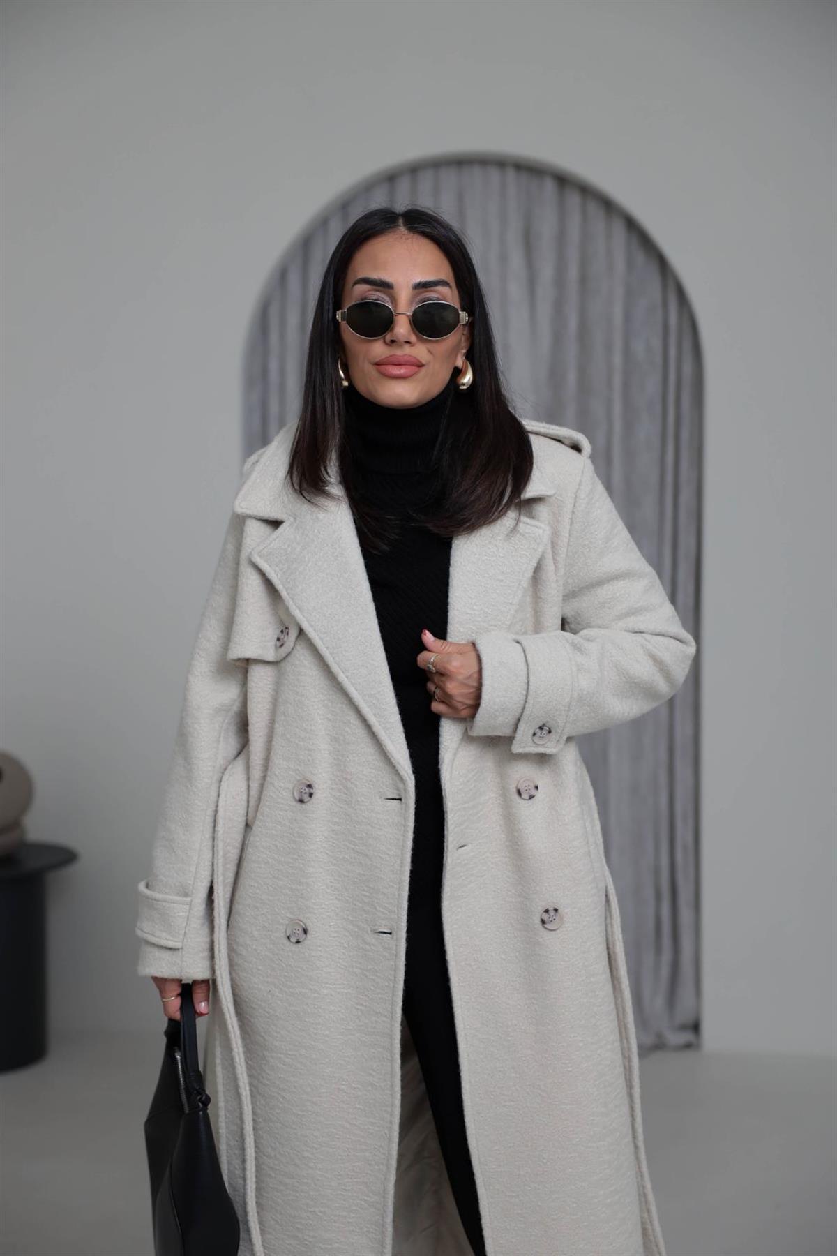 0611 Kuşaklı Apoletli Kaşe Kaban NATURAL