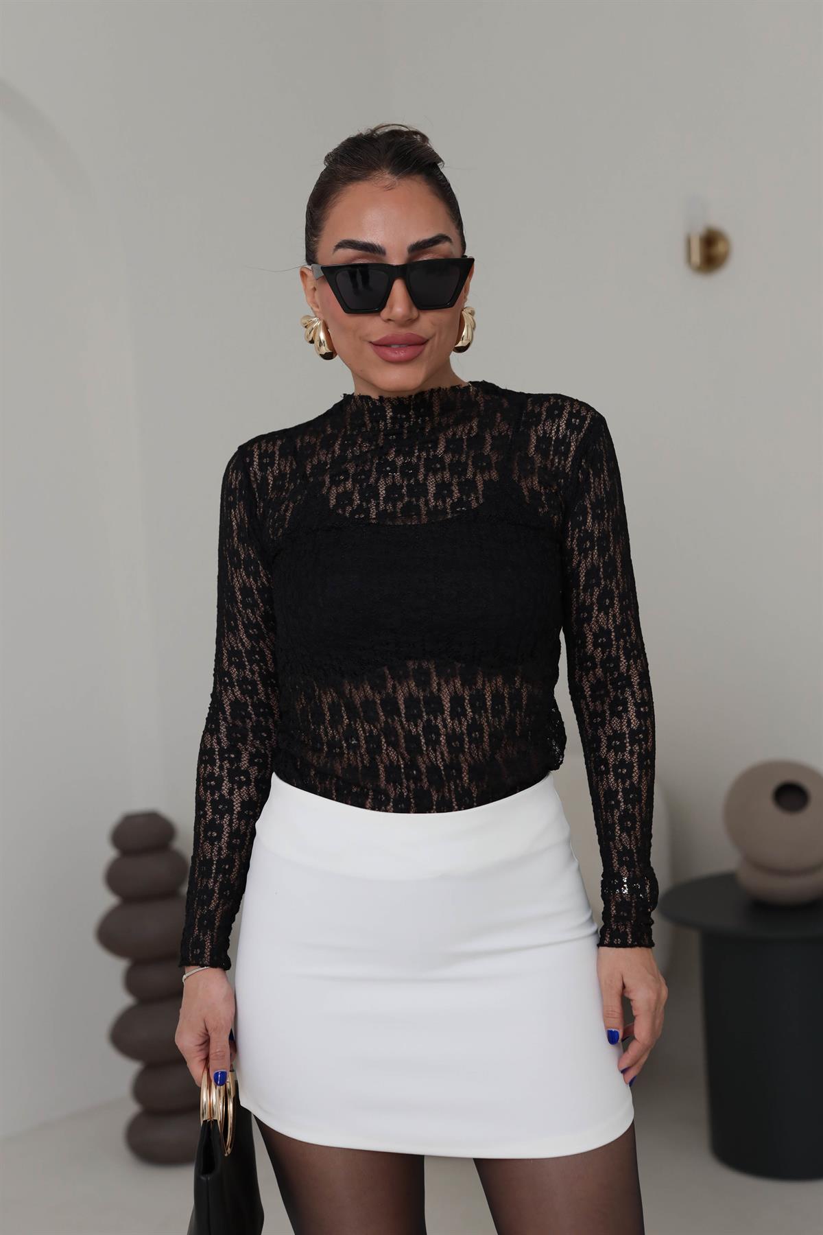 9710 Çiçek Dantelli Bluz SİYAH