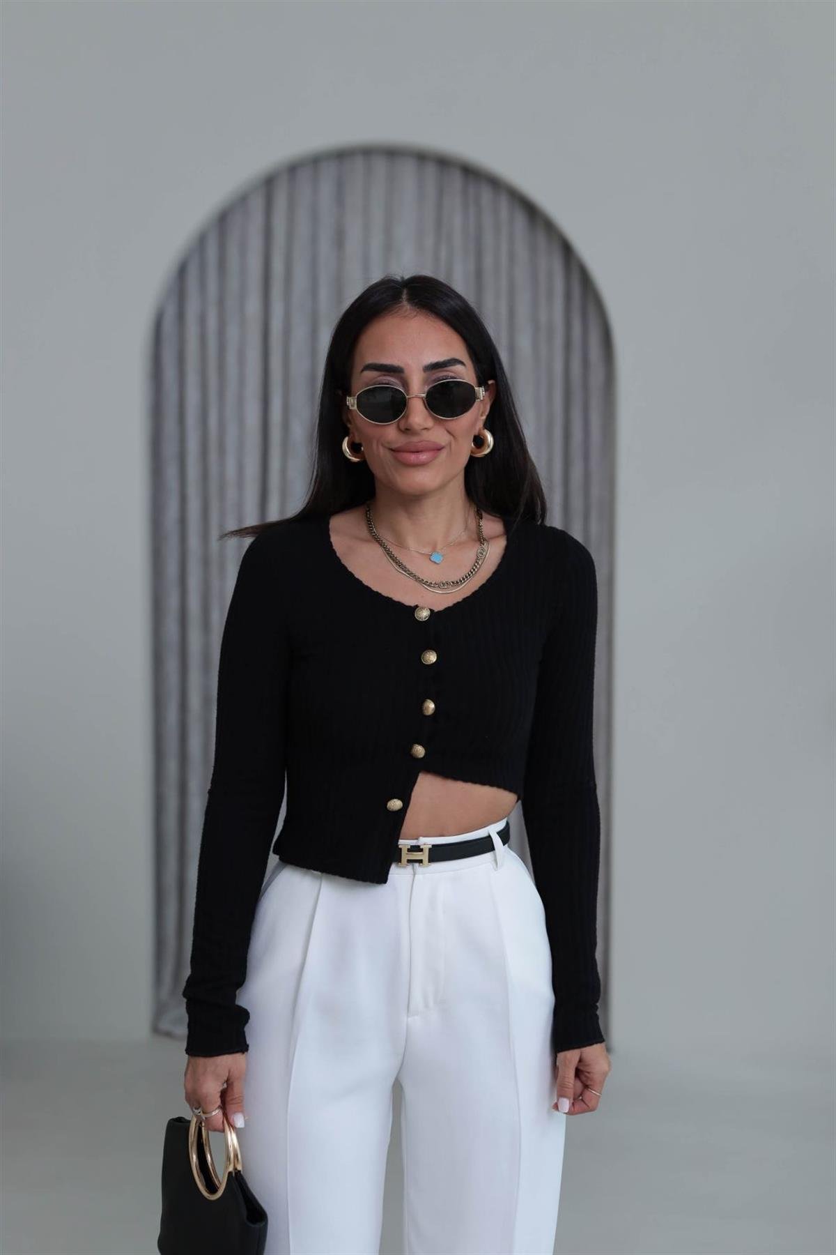 2074 Fitilli Triko Gold Düğmeli Hırka SİYAH