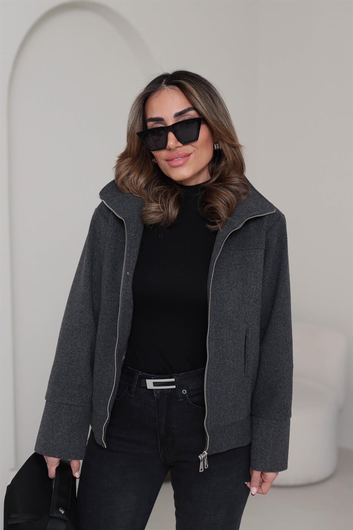 9567 Fermuarlı Kaşe Mont ANTRASİT