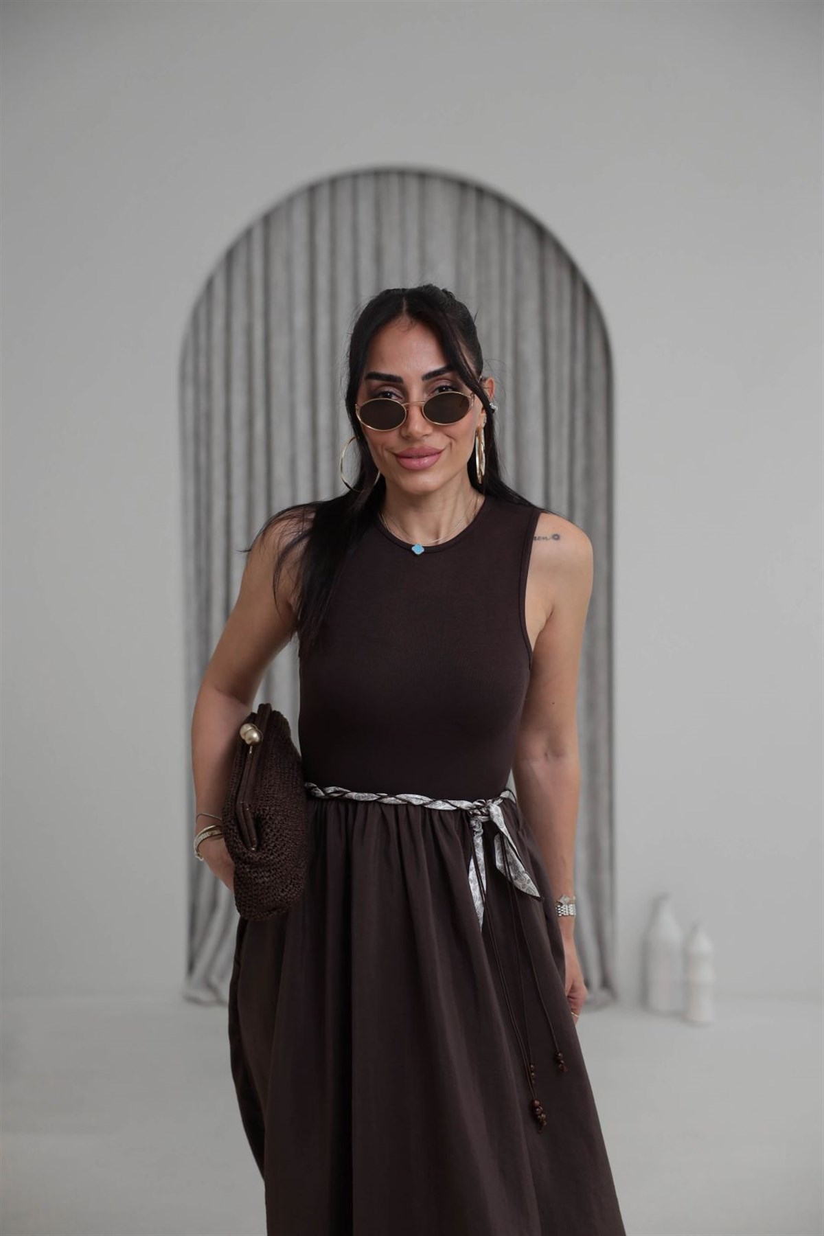 1801 Paraşüt Detaylı Kemerli Elbise KAHVE