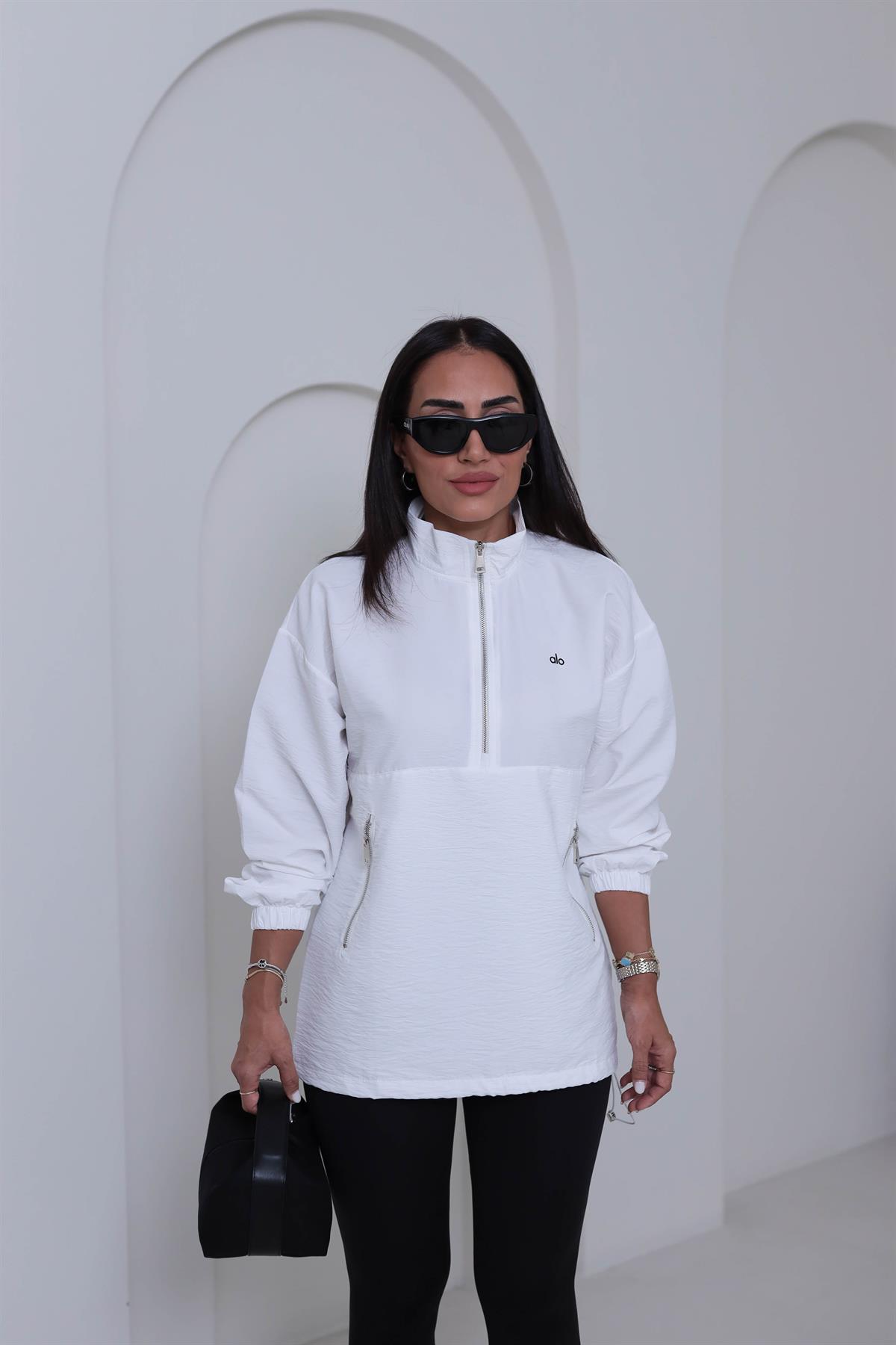 2120 Yazı Baskılı Rahat Paraşüt Sweatshirt BEYAZ