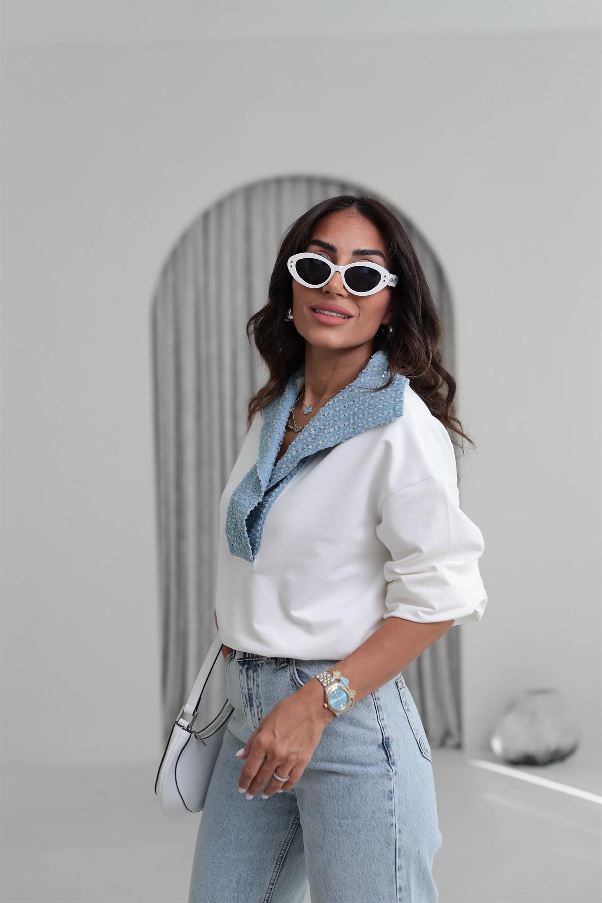 6730 Payetli Kot Garnili Sweatshirt EKRU