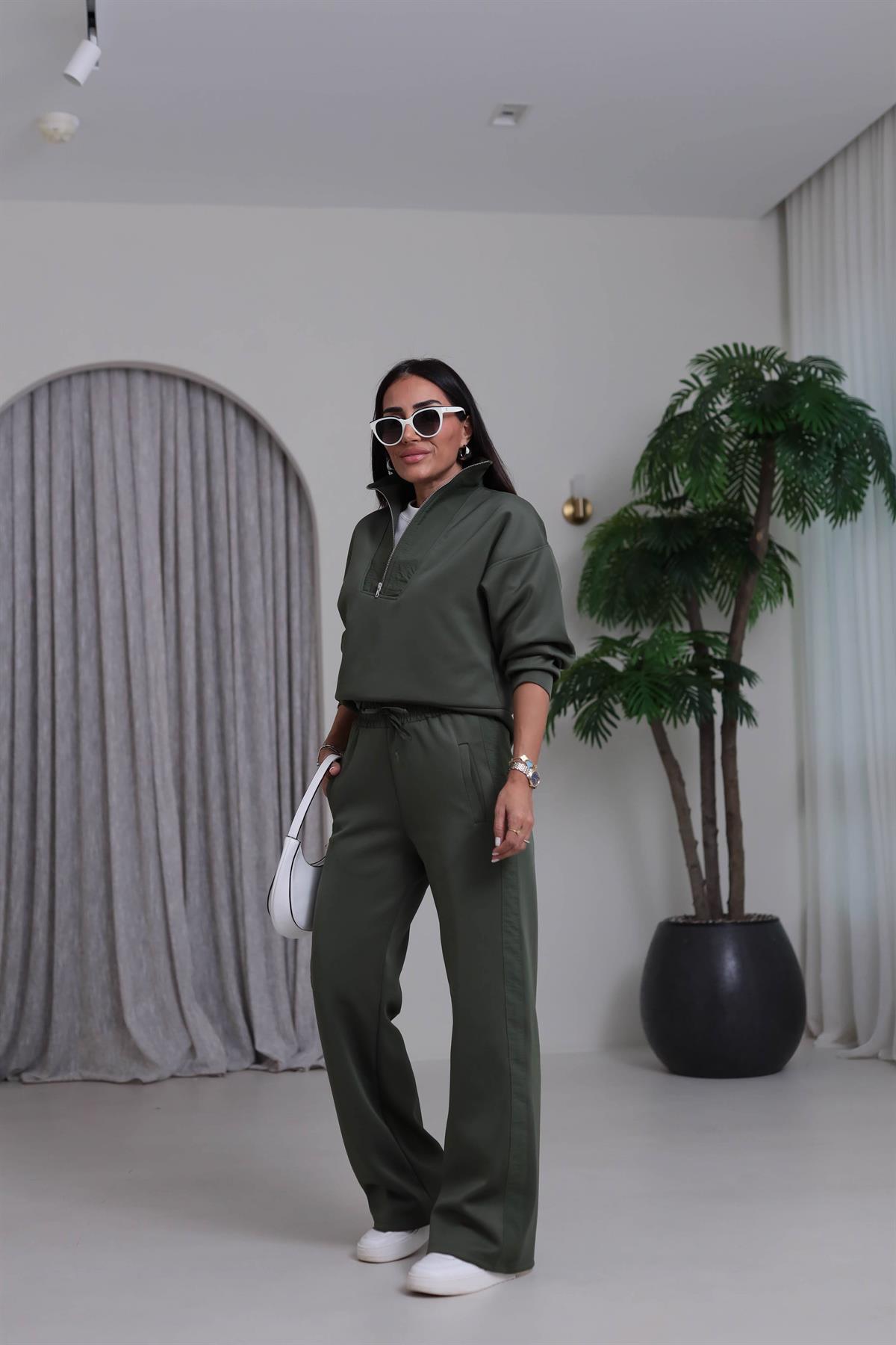 2624 Paraşüt Detaylı Yarım Fermuarlı Scuba Takım HAKİ YEŞİL