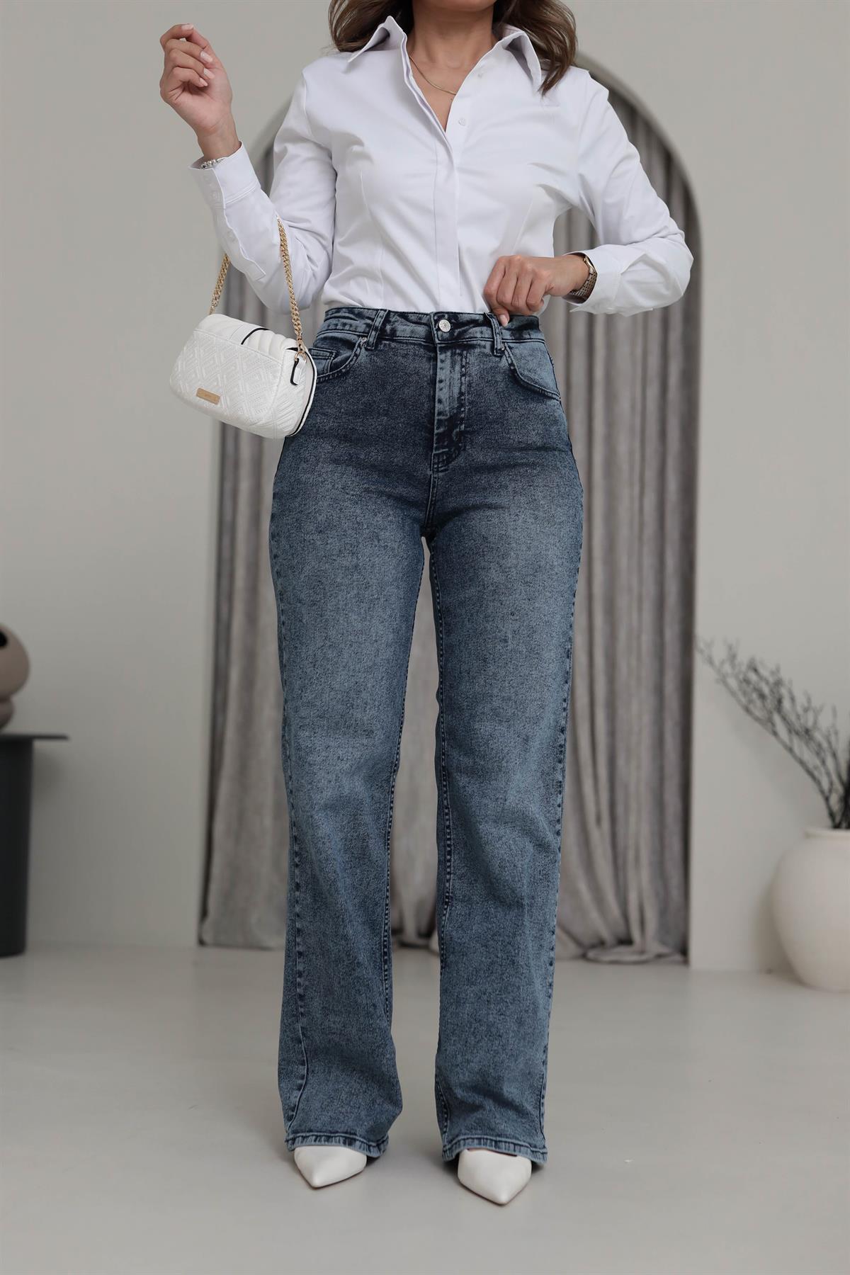 D-777 Taşlamalı Palazzo Jean MAVİ