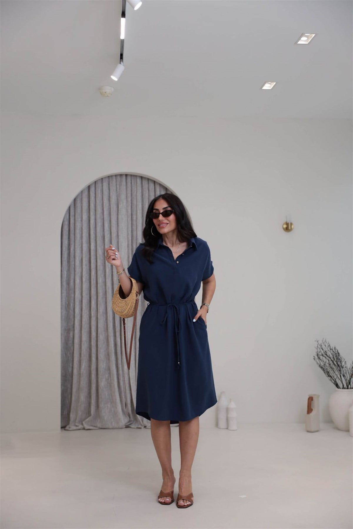 7541 Polo Yaka Tencel Kumaş Elbise LACİVERT