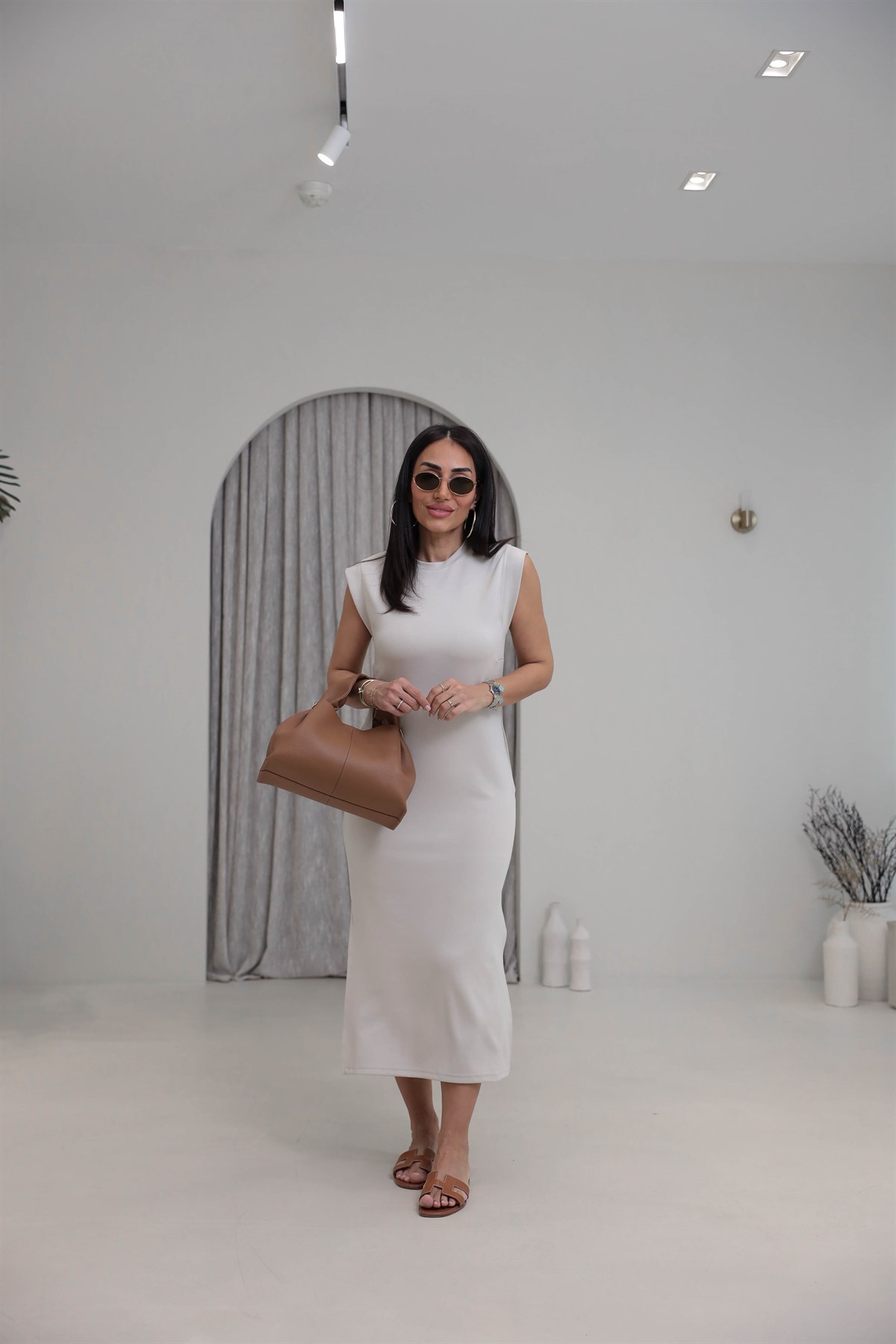 4254 Kol Detaylı Modal Rahat Elbise TAŞ